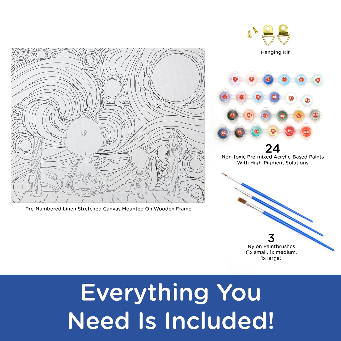AQUARIUS Peanuts Starry Night Art by Numbers Painting Kit (16 x 20 Stretched Canvas) 24 Paints, 3 Paint Brushes, Ready to Hang, Officially Licensed Peanuts Collectible - 16x20 in