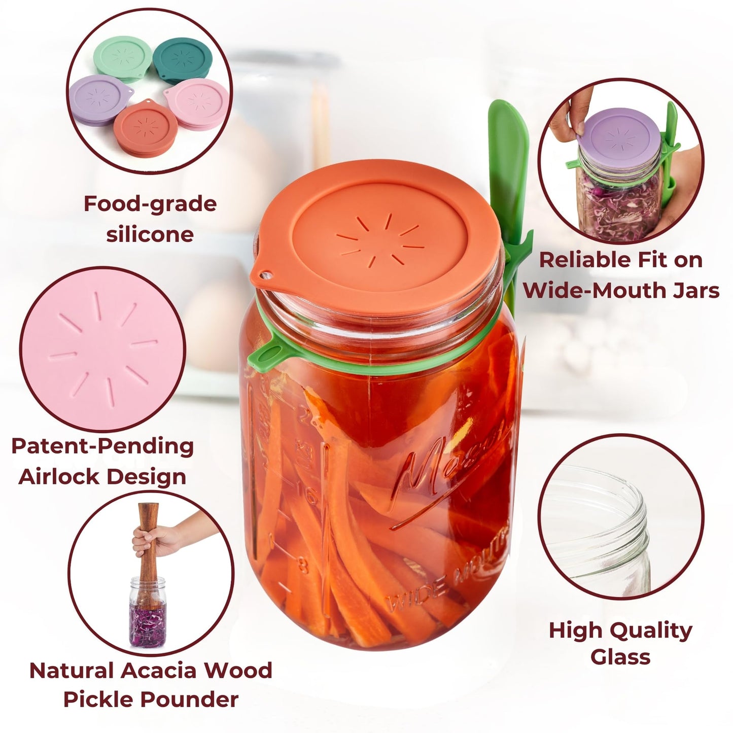 Master Fermentation Kit for Wide Mouth Mason Jar by The Amish Chef - Pickle Kit, Kimchi, Sauerkraut Making Kit - Fermentation Airlock Lids