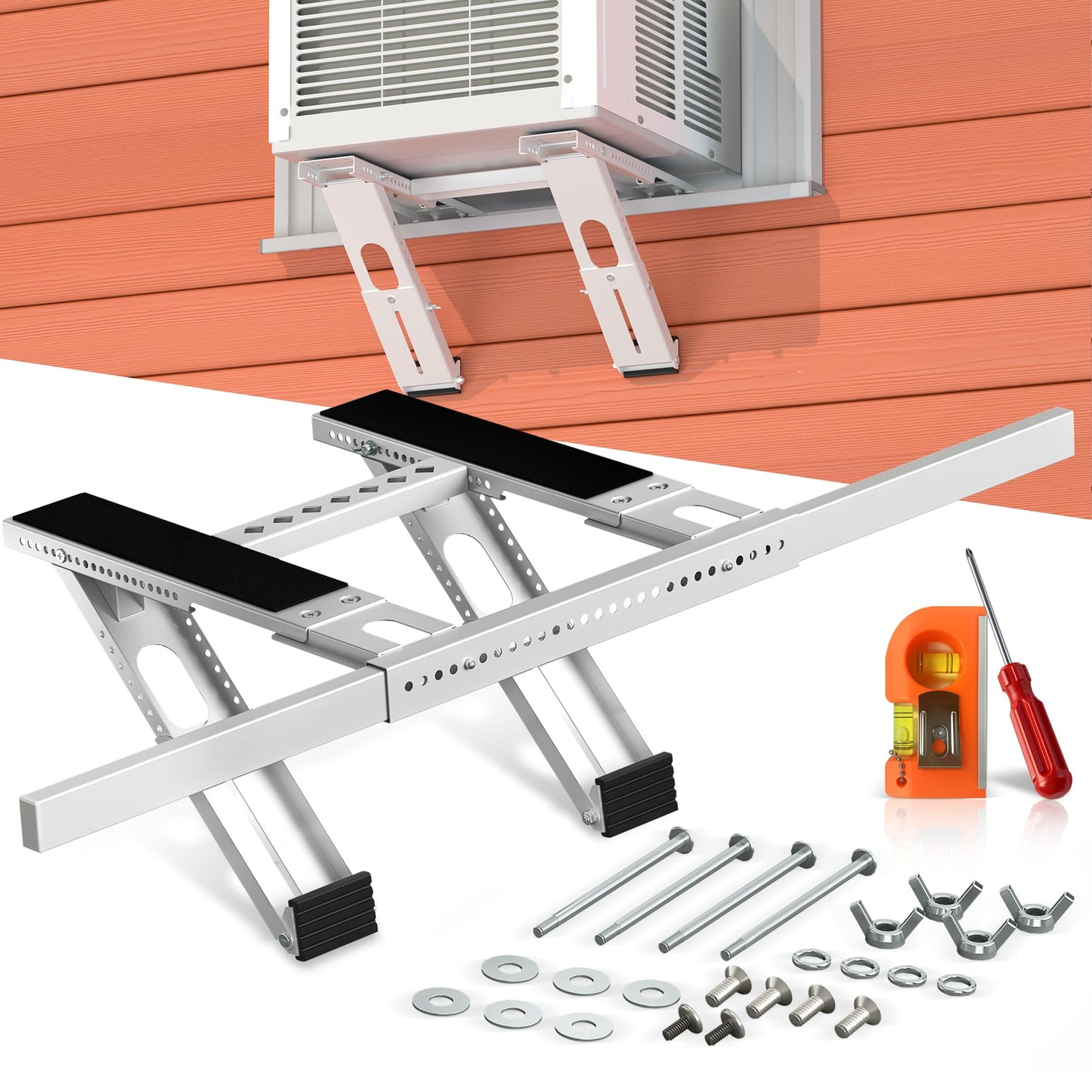 Plusluck Air Conditioner Bracket No Drill: Heavy Duty Holder with Bubble Level for 350lbs AC Units, Adjustable Width, No Tools Needed, Fits Single & Double Hung Windows, 5000-24000 BTU Coverage