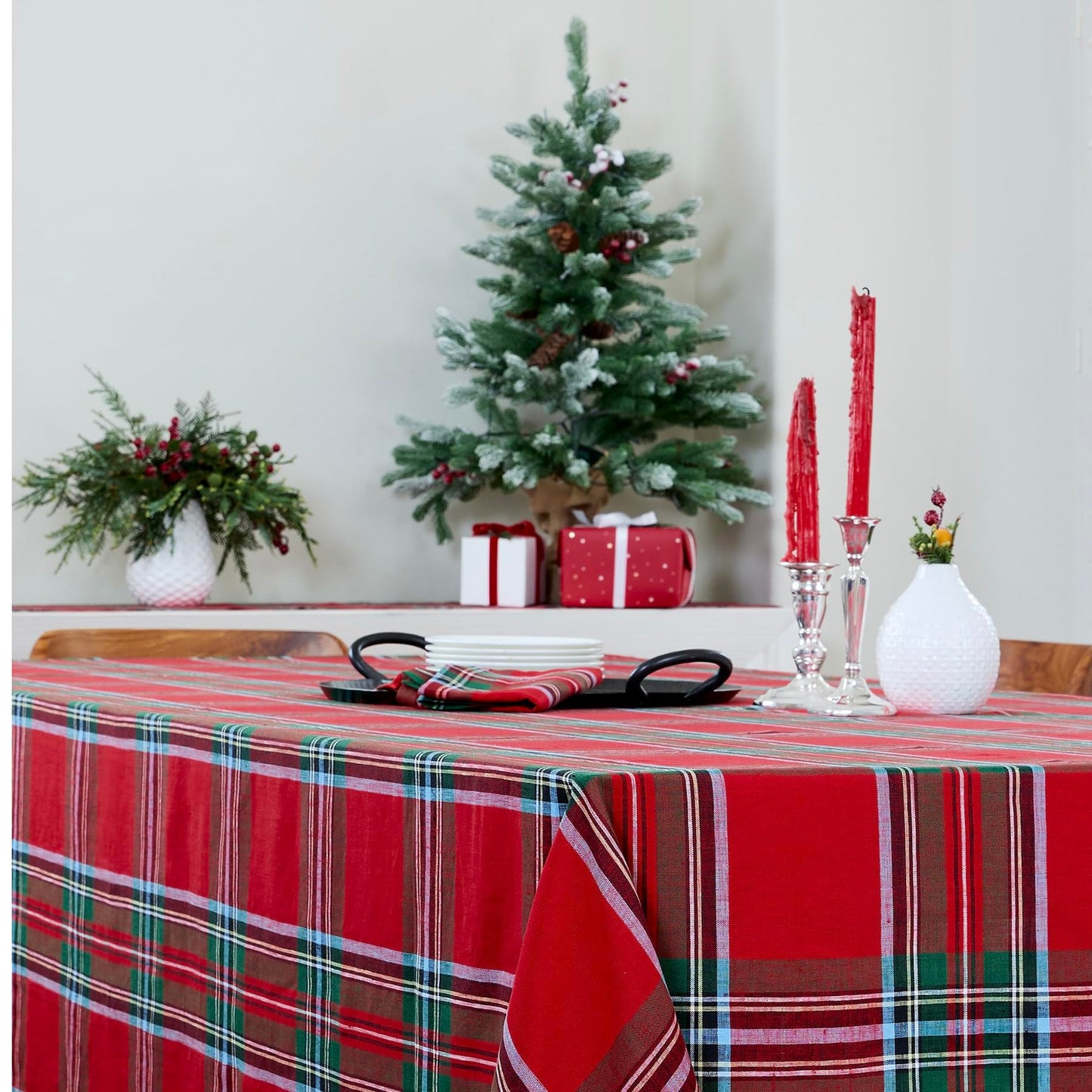 Solino Home Linen Christmas Square Tablecloth 52 x 52 Inch - 100% Pure Linen Red Madras Holiday Plaid Tablecloth - Handcrafted and Machine Washable Table Throw