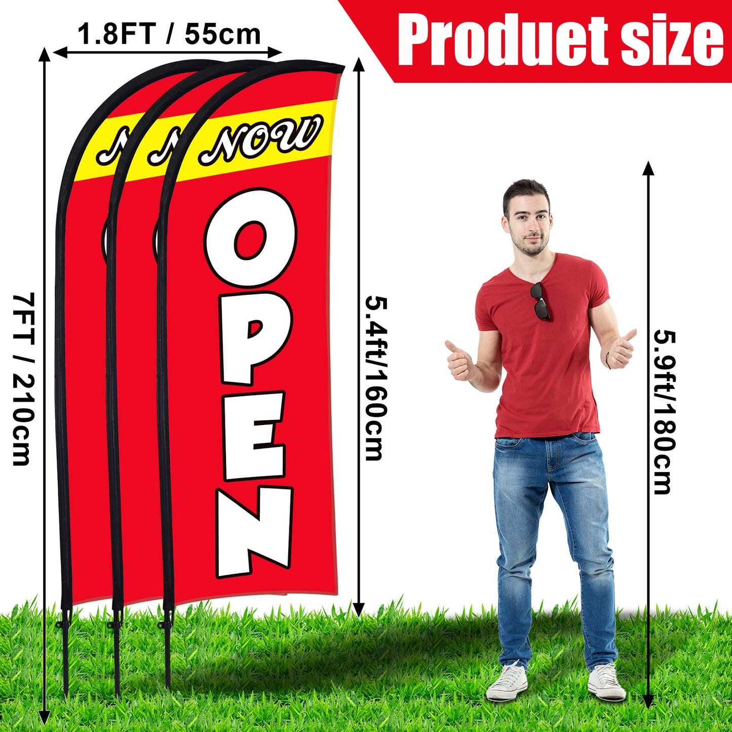 Buryeah 3 Sets Now Open Feather Flag Pole Kit for Business Advertising 7 ft Open Flag Banner Sign with Pole Kit Ground Stake and Portable Bag for Outside Ground (Red)