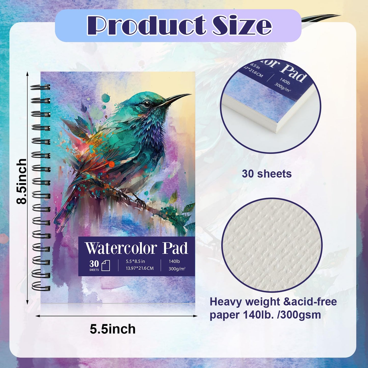 Jetec 12 Pcs 5.5 x 8.5 Inch Watercolor Paper Pad 140lb 300gsm Watercolor Pads Acid Free Paper 30 Sheets Each Spiral Bound for Painting Pencil Ink Charcoal Pastel Acrylic Wet Dry Media Artist Students