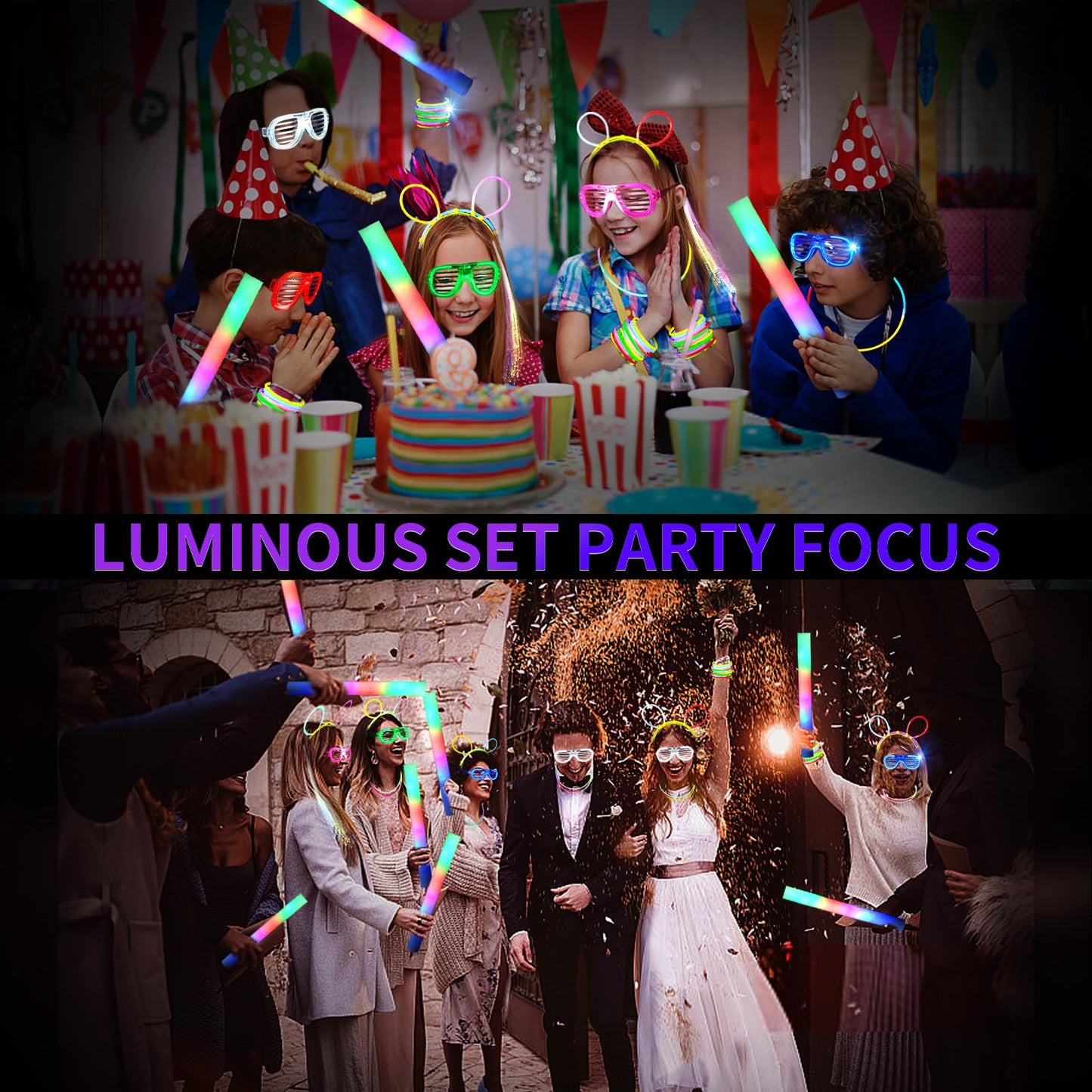 272 PCs Glow Party Supplies, 24 Foam Glow Sticks, 24 LED Glasses and 200 Glow Sticks ＆ Bracelets, 12 Glow sticks headband 12 Fiber Optic Hair Light，Glow Neon Party Favors for Wedding, Concert, Raves