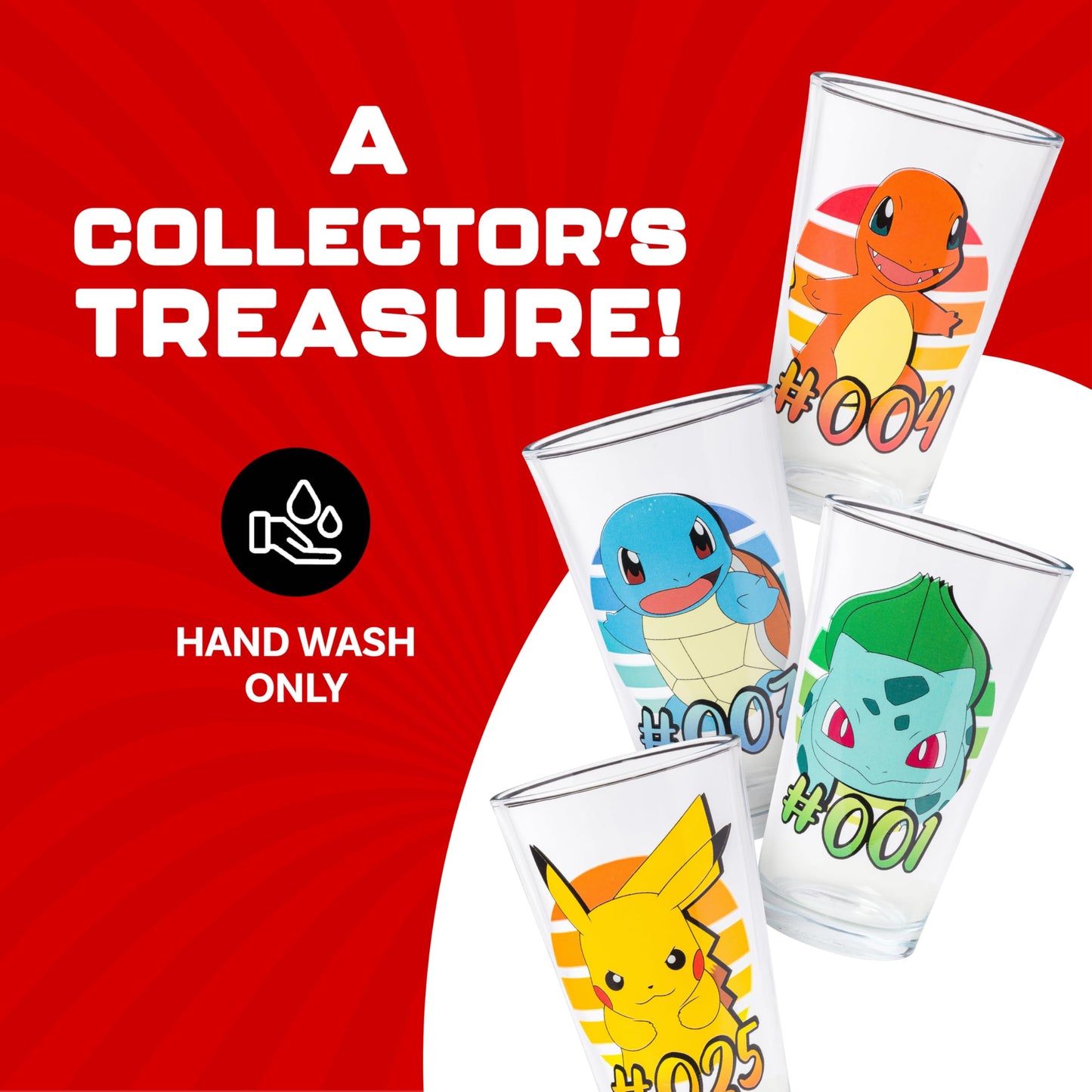 Silver Buffalo Pokemon Original Starters Feautirng Charmander, Squirtle, Bulbasaur, and Pikachu 4 Pack Pint Glass Set, 16 Ounces