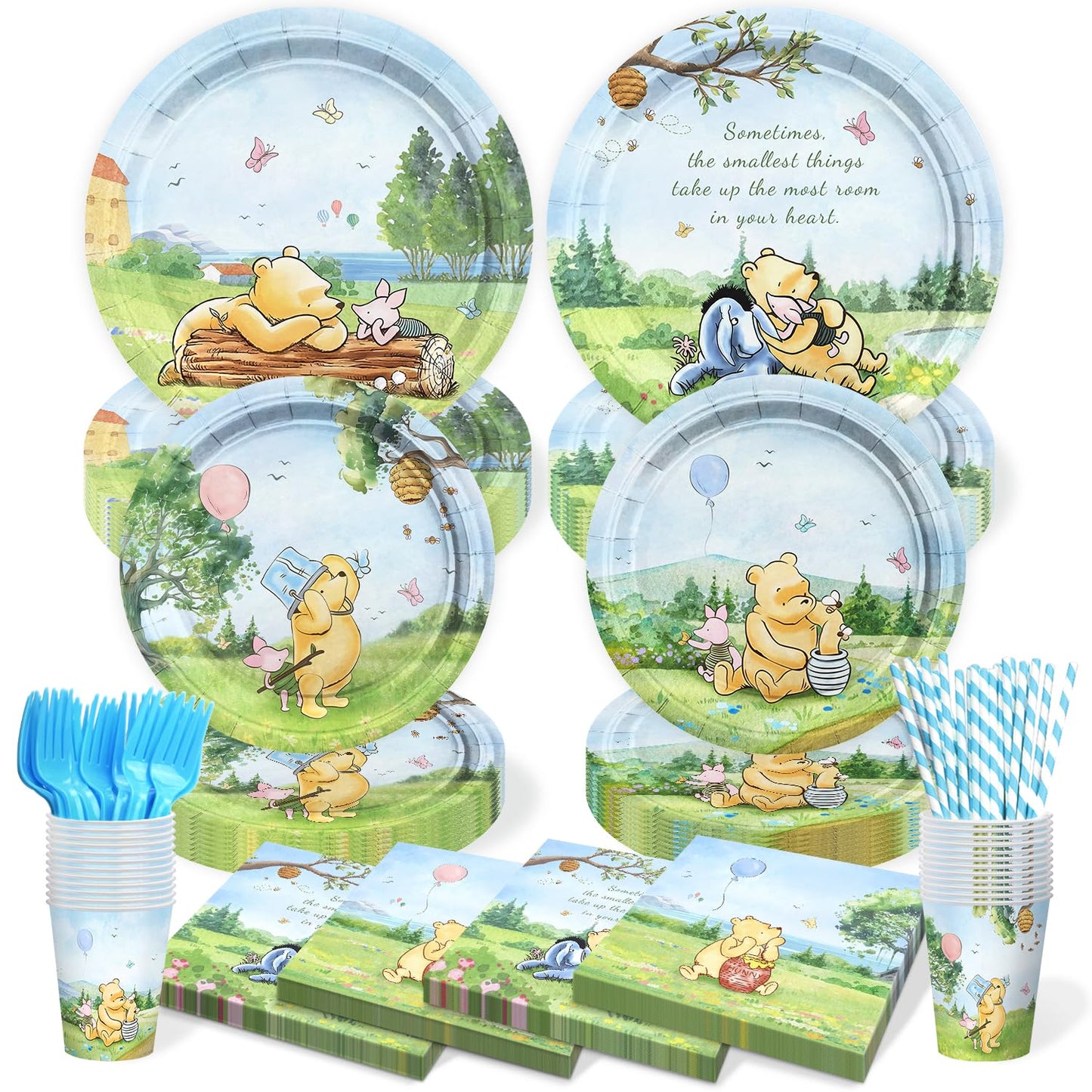 Vistico 300 Pcs Winnie Bear Baby Shower Plates and Napkins Tableware Set, Plates Napkins Cups Straws and Forks Sets, Winnie Baby Shower Decorations Birthday Party Supplies, Serves 50 Guests