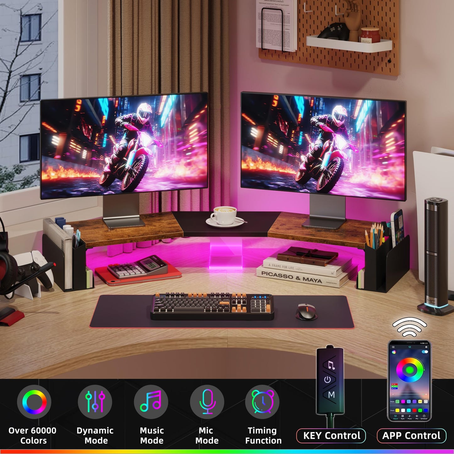WESTREE Dual Monitor Stand Riser with Pen Holder, Computer Monitor Riser with Adjustable Angle and LED Light, Desktop Monitor Stand Riser Storage Organizer for Computer, Laptop, Printer, TV