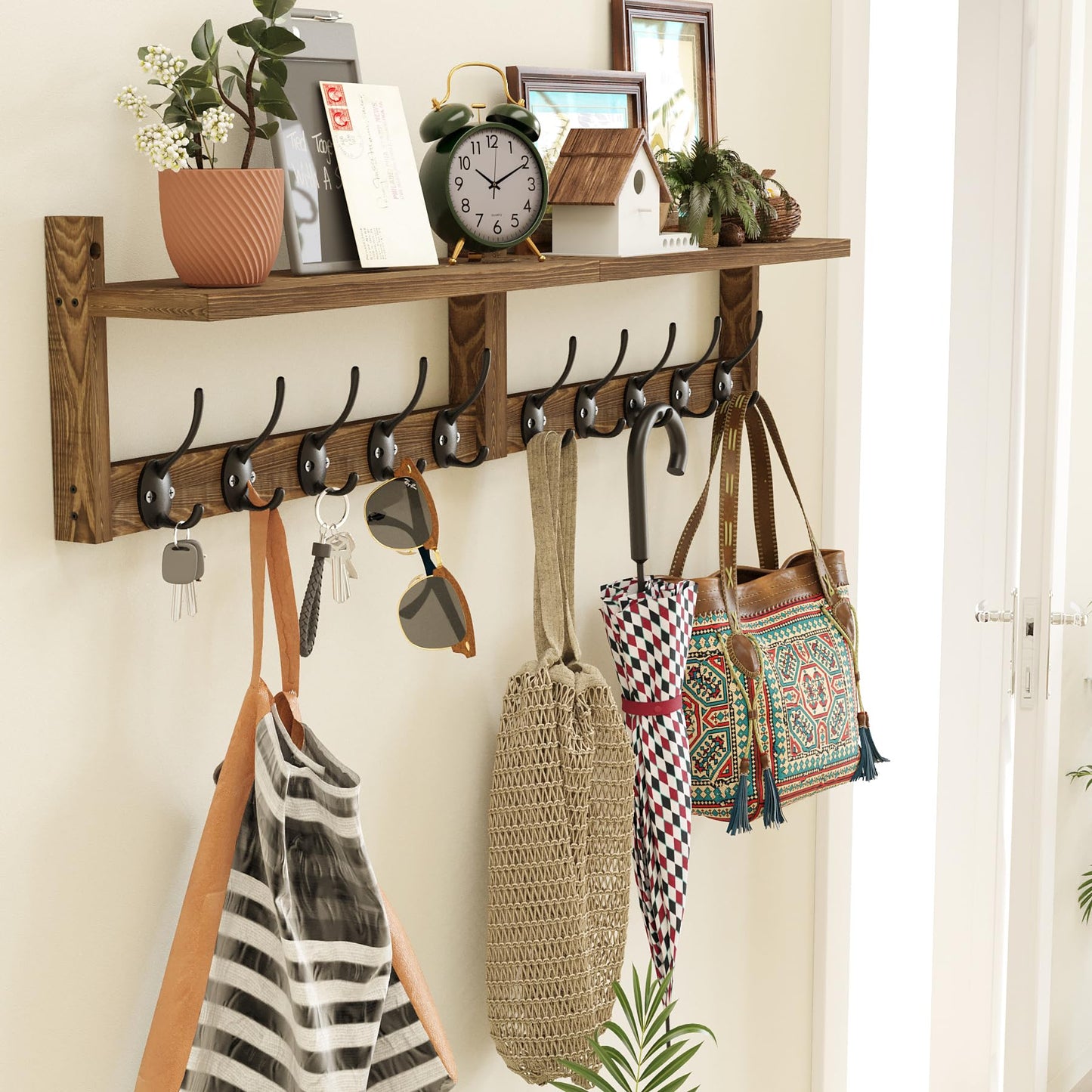 AMBIRD 34.2 inch Wooden Extra-Long Wall Hook Rack with Shelf - Versatile and Decorative Wall-Mounted Storage - 10 Hooks for Hanging Coats, Hats, Scarves - Ideal for Entryways, Bedrooms, Closets