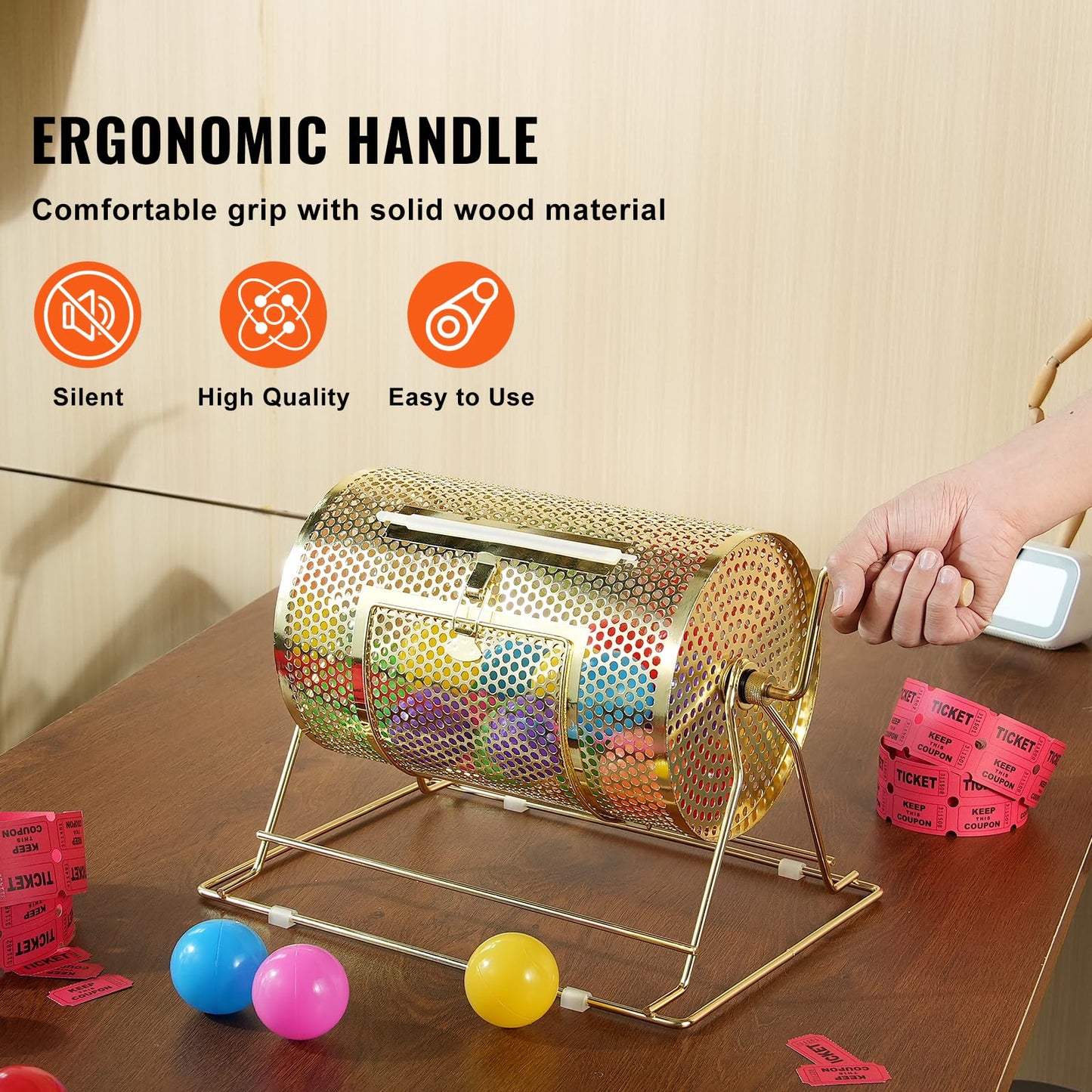 VEVOR Raffle Ticket Spinner - 12 x 8 Inch Raffle Drum Lottery Spinning Drawing, Brass Plated Raffle Tickets Roll Box with Wooden Turning Handle Holds 2500 Tickets or 100 Ping Pong Balls for Events