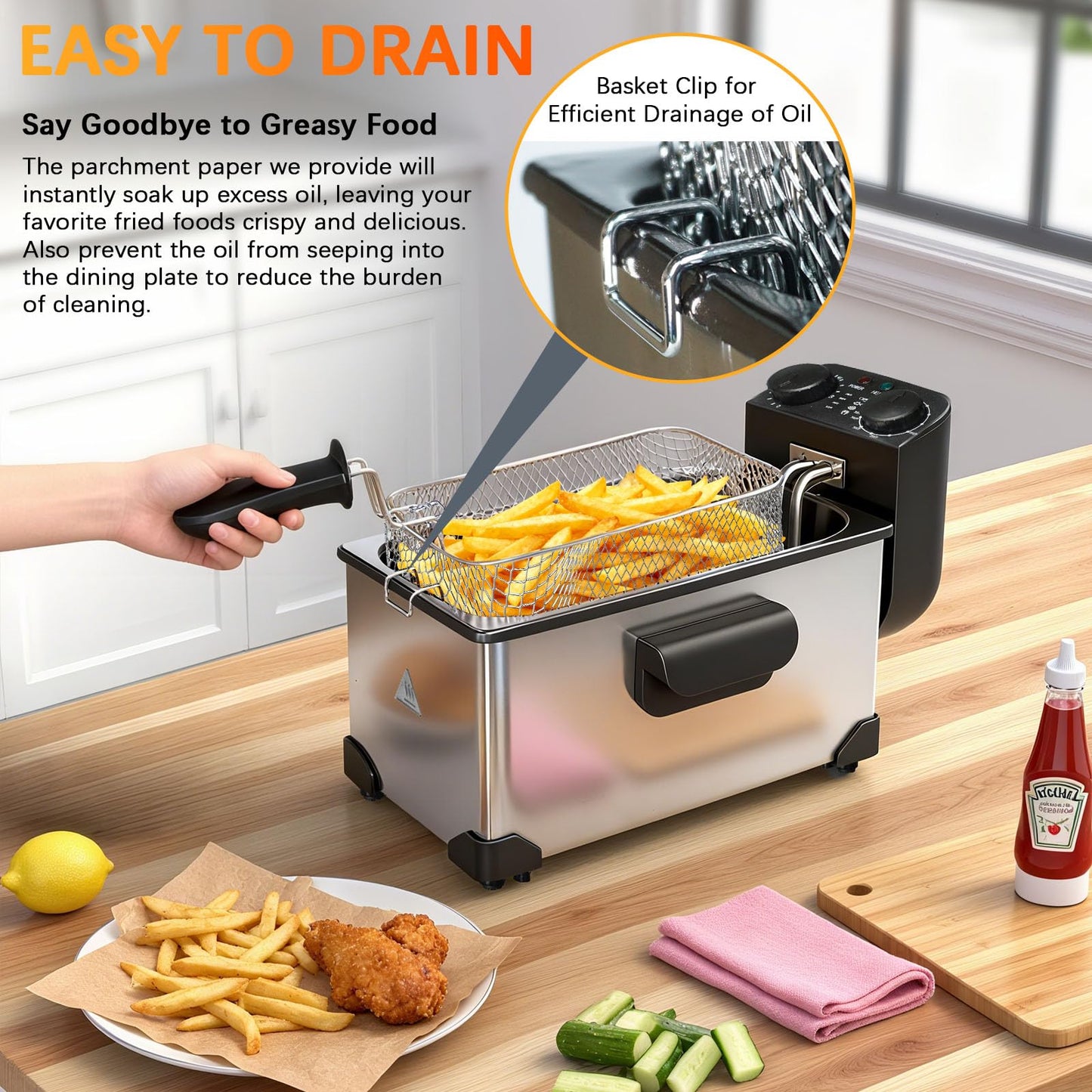 CATTLEMAN CUISINE Immersion Deep Fryer with Basket, 1600W, 3L Small Deep Fryer with Timer Control, Fryer Pot for Home Use, Temperature Control, Lid with Viewing Window, Stainless Steel Electric Fryer