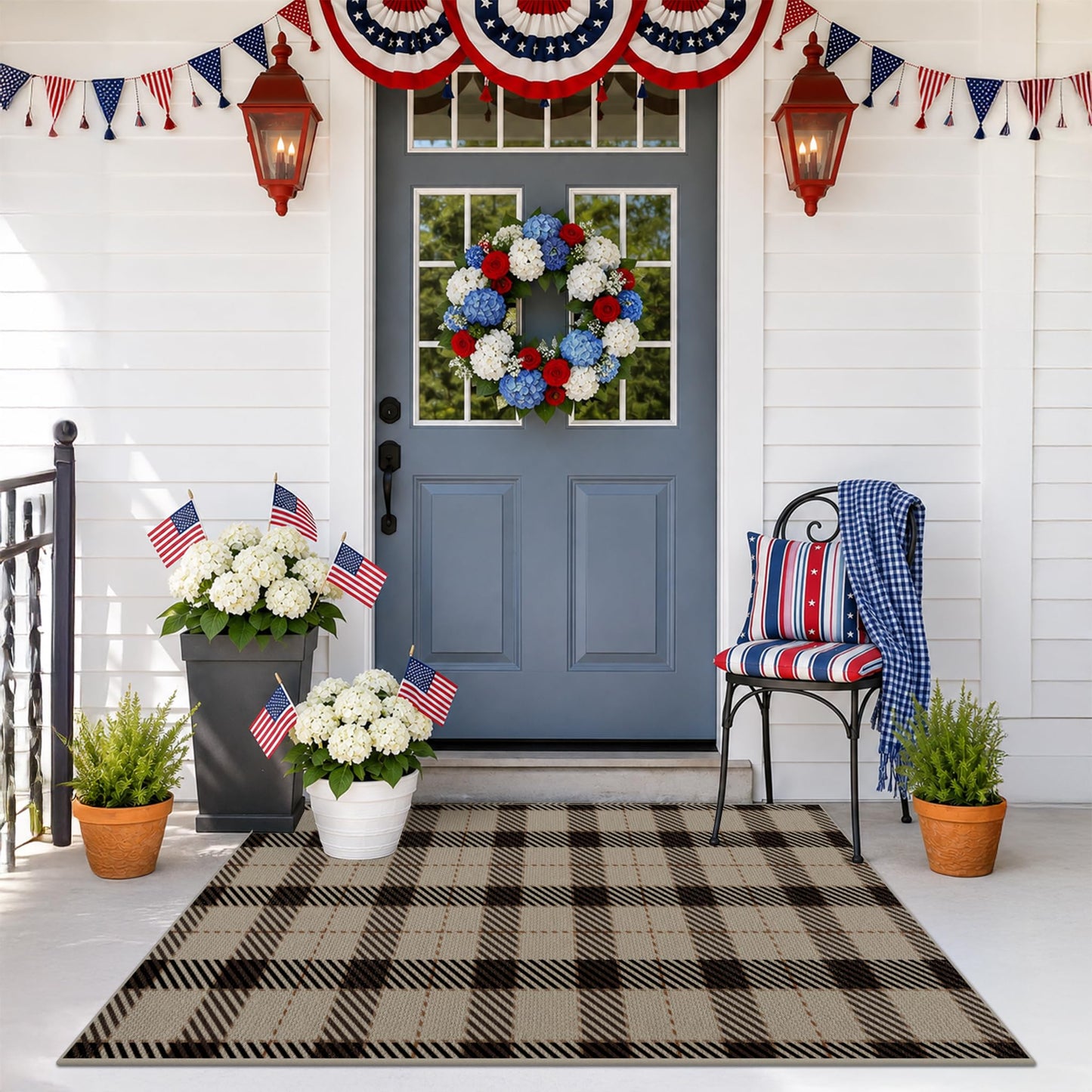 Washable Plaid Indoor Outdoor Rug 3x5 for Front Porch, Entryway, Patio, No Shed Easy Jute Non Slip TPR Backing Area Rug for Large Kitchen, Farmhouse Black & Tan Checkered Seagrass Aesthetic