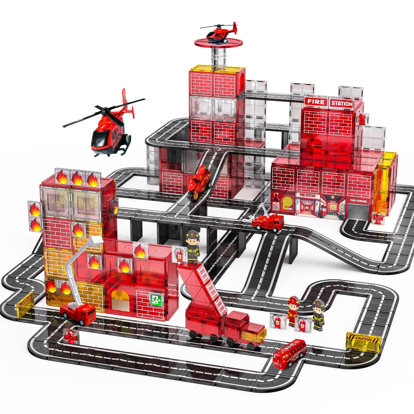 141 Pcs Magnetic Tiles for Kids, Fire Rescue Themed Magnetic Tiles with Fire Station and Fire Rescue Vehicles, STEM Magnetic Tiles for Kids Ages 4-8