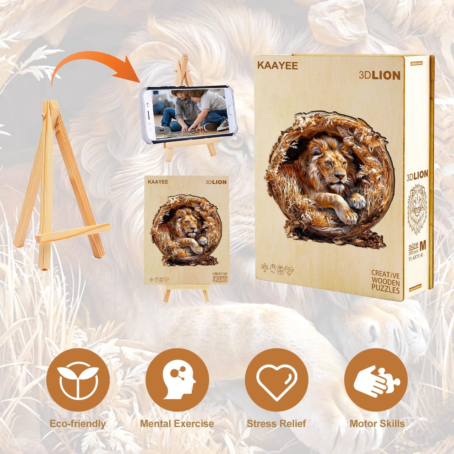 KAAYEE Wooden Puzzles for Adults, 3D Vision Effect Lion King Wooden Jigsaw Puzzles 300 PCS Unique Shape Advanced Wood Puzzle Adult, 3D Effect Flat Puzzle Birthday Gifts Family Game (L-13.4 * 13.4in)