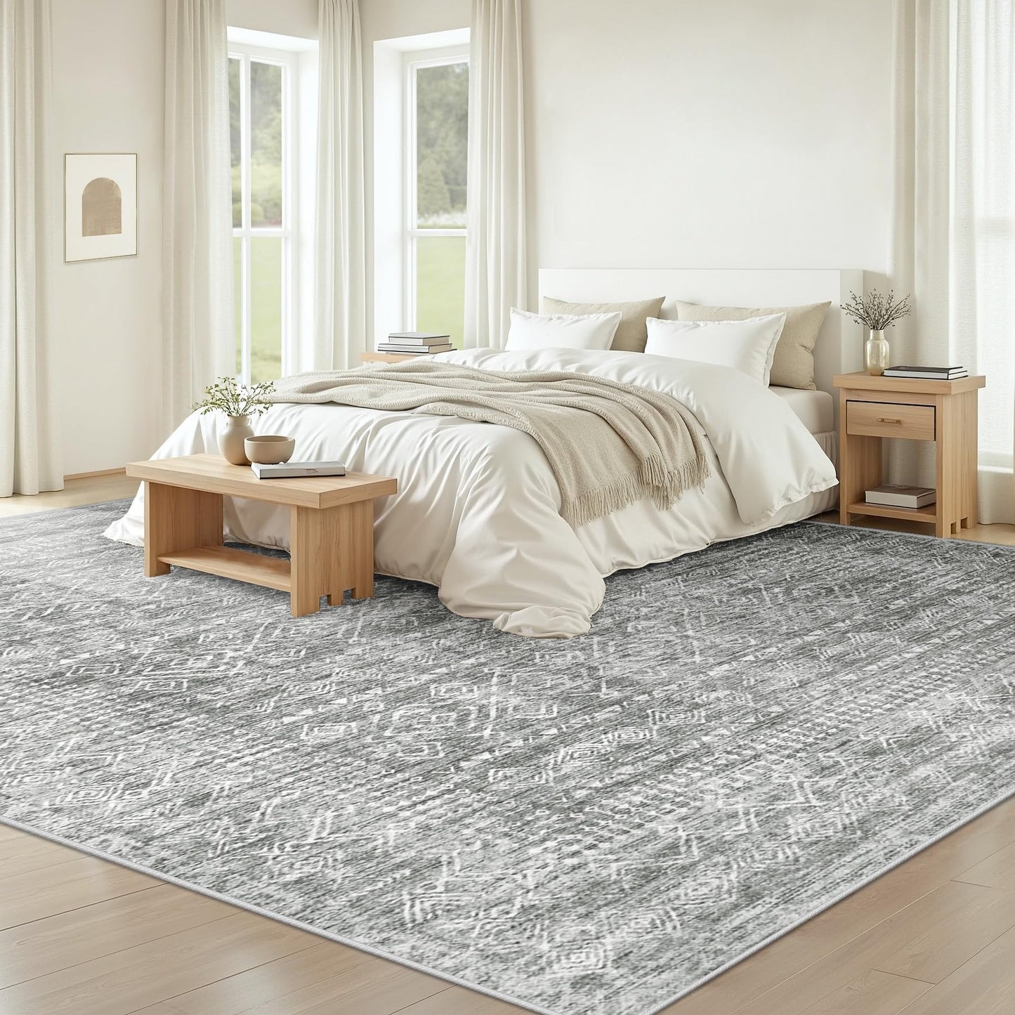 Living Room Rugs 8x10: Washable Moroccan Geometric Boho Rug Farmhouse Non Slip Stain Resistant Large Rug Low Pile Soft Carpet for Bedroom Dining Room Children Room (Grey,8'x10')