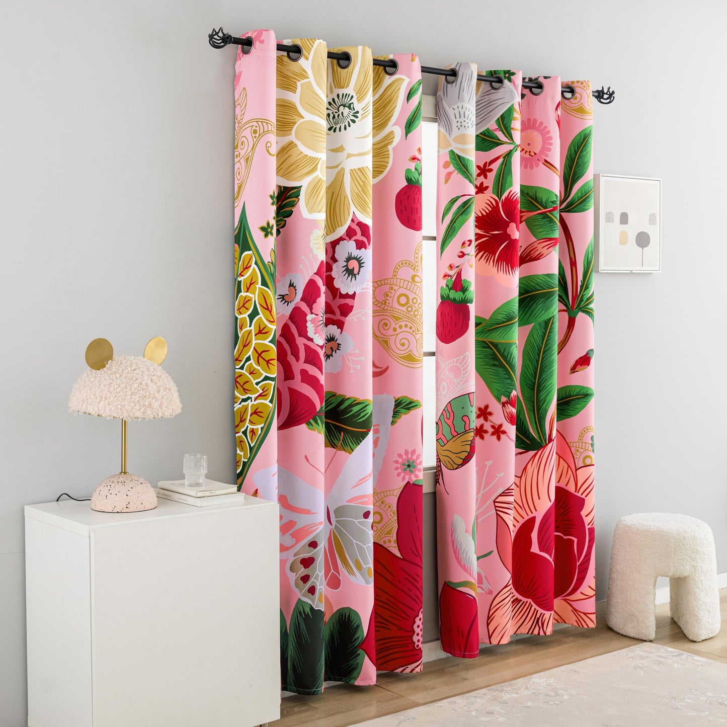 Tyrot Pink Boho Floral Blackout Curtains for Girls Bedroom 84 inch Long 2 Panels Butterfly Black Out Curtains for Living Room Grommet Nursery Thermal Insulated Room Darkening Window Drapes,52Wx84L