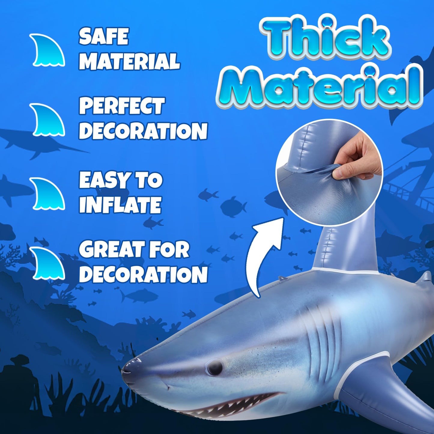 Giant Inflatable Shark Pool Float 75” - Large Blow-Up Shark Toy for Kids, Teens & Adults - Swimming Pool Toy, Ocean Theme Birthday Party Decorations, Beach & Summer Toys