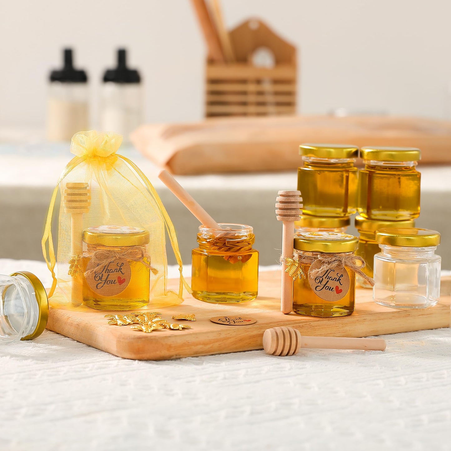 60 Pack Mini Glass Honey Jars Party Favors,1.5 oz Small Hexagon Glass Honey Jars with Dippers,Lids,Gold Bags,Bee Charms,Thank You Cards,Jute,Cute Stickers for Baby Shower Favors,Wedding party gift