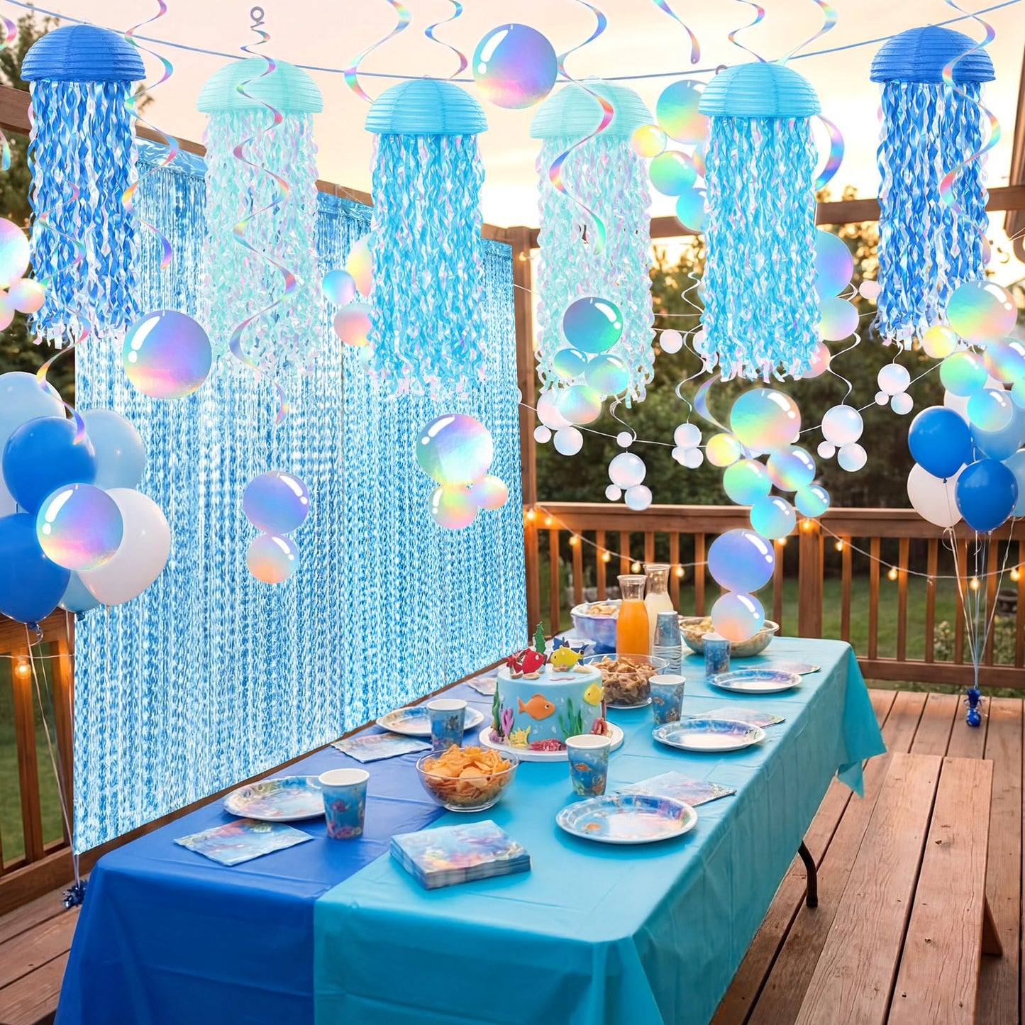 Soulchen 20 Pcs Hanging Jellyfish Paper Lanterns with Tassel Curtains Swirl Bubble Streamers Under The Sea Ocean Themed Mermaid Party Decorations for Birthday Baby Shower Beach Ceiling(Blue)