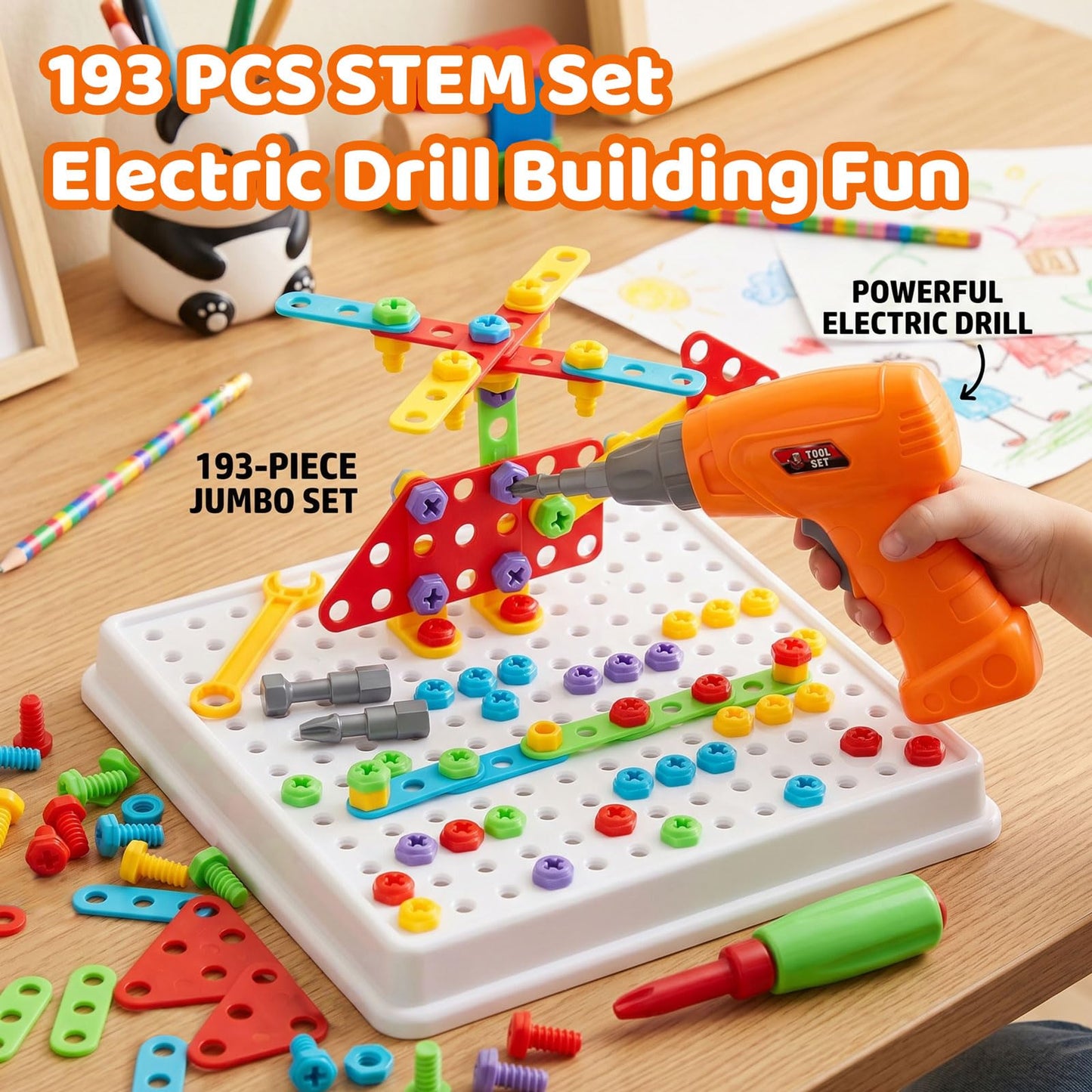 Creative Building Toys Mosaic Drill Set, Power Tools for Kids with Screwdriver Toy, Workshop Games for 3 4 5 6 7 8 Years Boy and Girl, Educational Toy