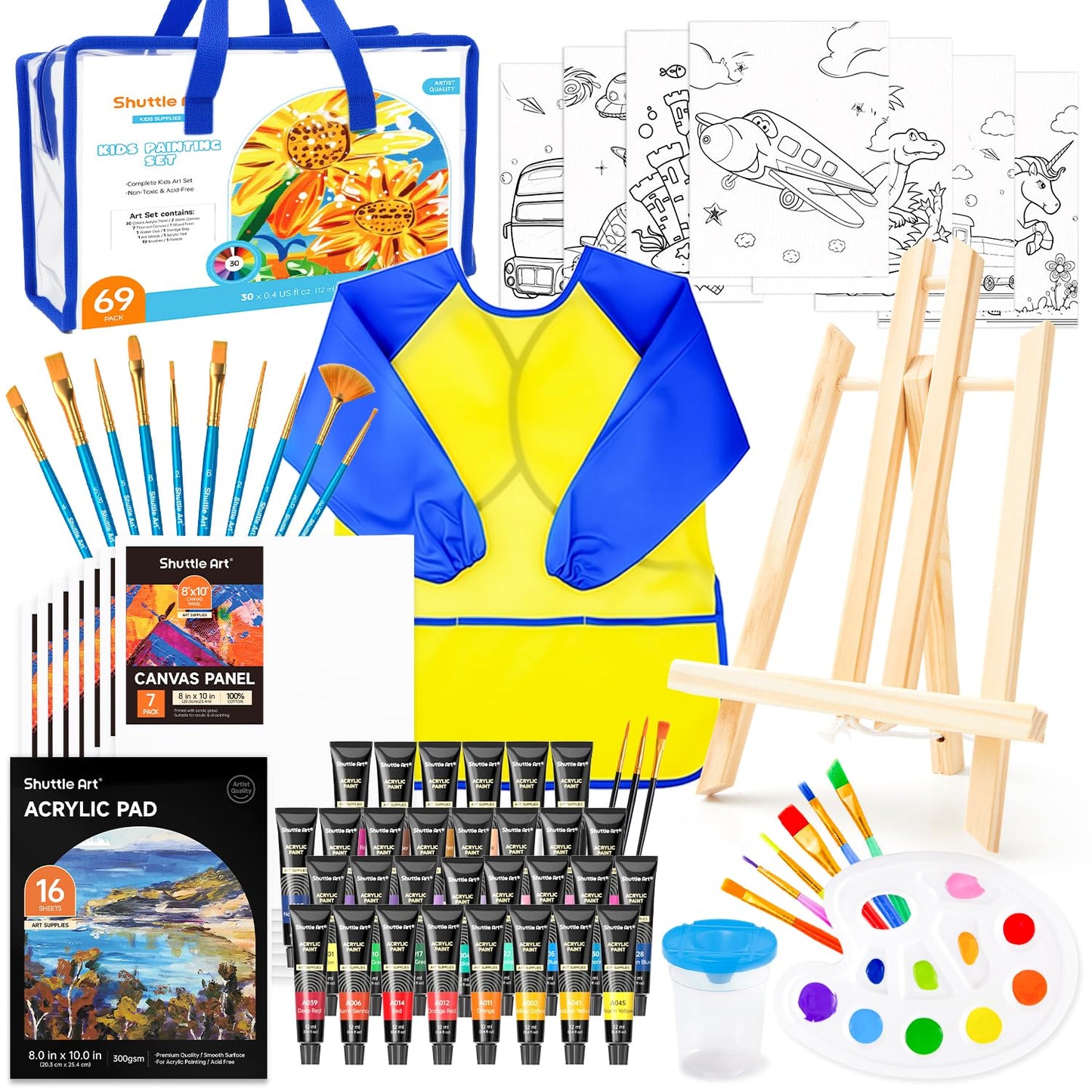 Shuttle Art 69 Pack Kids Paint Set, Art Set for Kids with 30 Colors Acrylic Paint, Wood Easel, Canvas, Painting Pad, Brushes, Palette and Smock, Complete Paint Set for Boys and Girls (package may vary)