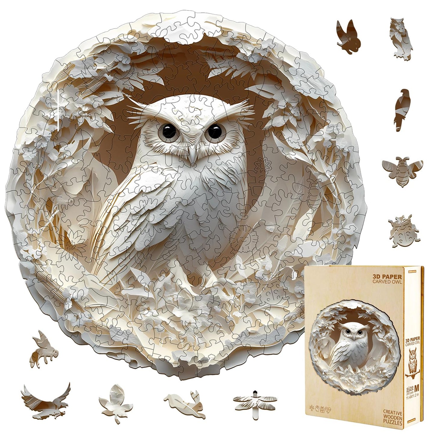 Jollitot Wooden Puzzles Adults, 3D Paper Carved Owl Puzzle 300 Pieces, Unique Animal Shaped Wood Challenging Jigsaw Puzzles Gifts for Adults, 13.4x13.3in