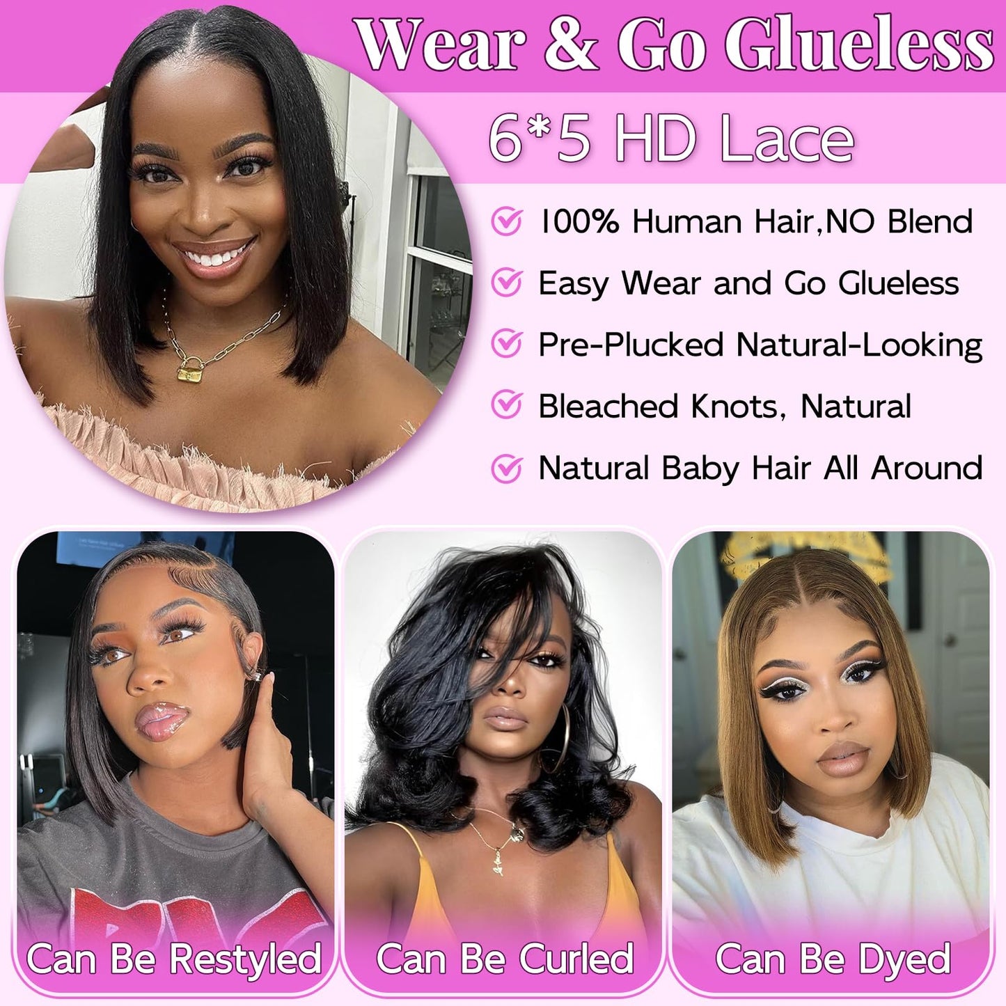 Star Show Bob Wig Glueless Wigs Human Hair Pre Plucked Pre-Cut 5×6 HD Lace Front Wigs Human Hair Bob Human Hair Wig Wigs Human Hair Glueless Human Hair Bleached Knots Wear And Go 12 Inch