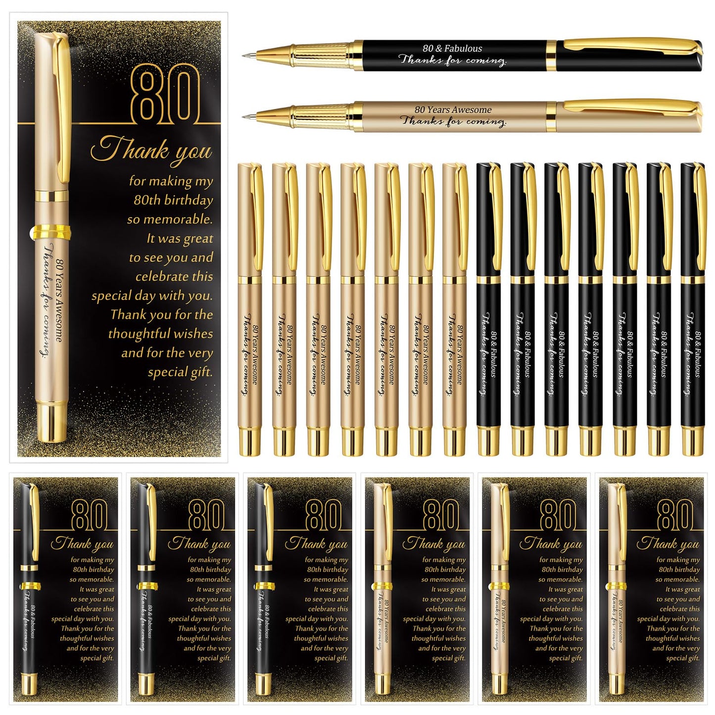 Feifeiya 50 Set 80th Birthday Party Favor for Guest Anniversary Party Favor with Black and Gold Ballpoint Pens and Thank You Cards for Women Men Birthday Anniversary Appreciation Gifts