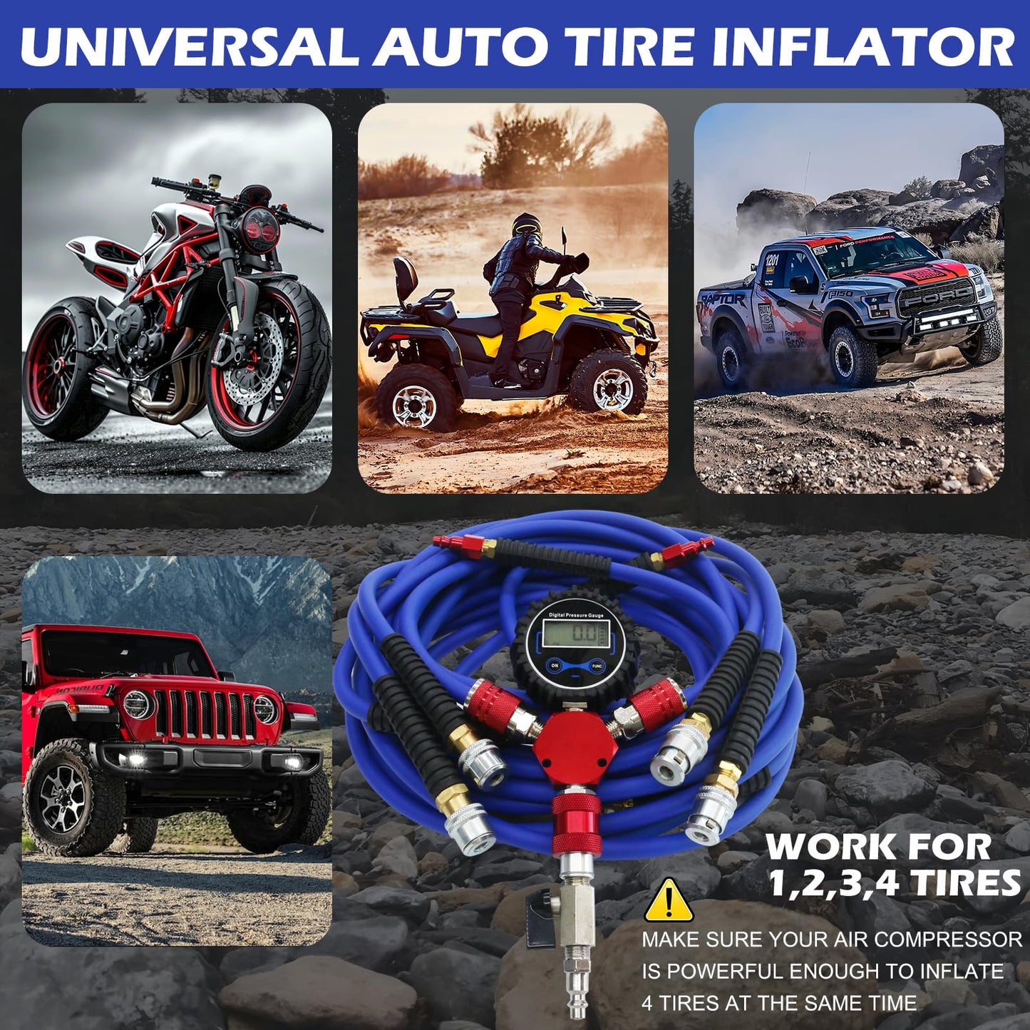 4 Tire Inflation Deflation System, Fits Up to 125" Wheelbase, Rapid High Flow 4 Way Tire Inflator Hose Kit, Universal Tire Pressure Equalizer Kit with Manifold, Digital Gauge, and Storage Bag