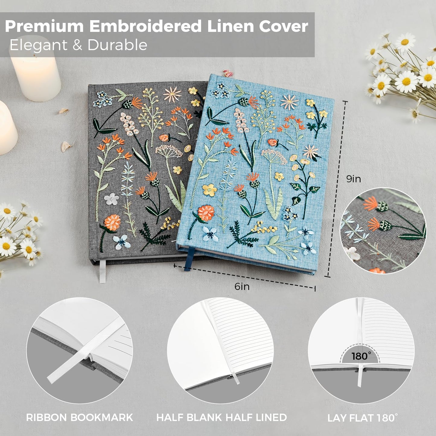 Journal for Women, Embroidered Linen Hardcover Notebook, A5 Journals for Writing & Sketching, Half Blank & Half Lined Journal, Aesthetic Writing Journal with Pen & 200+Stickers, Gift Set for Women