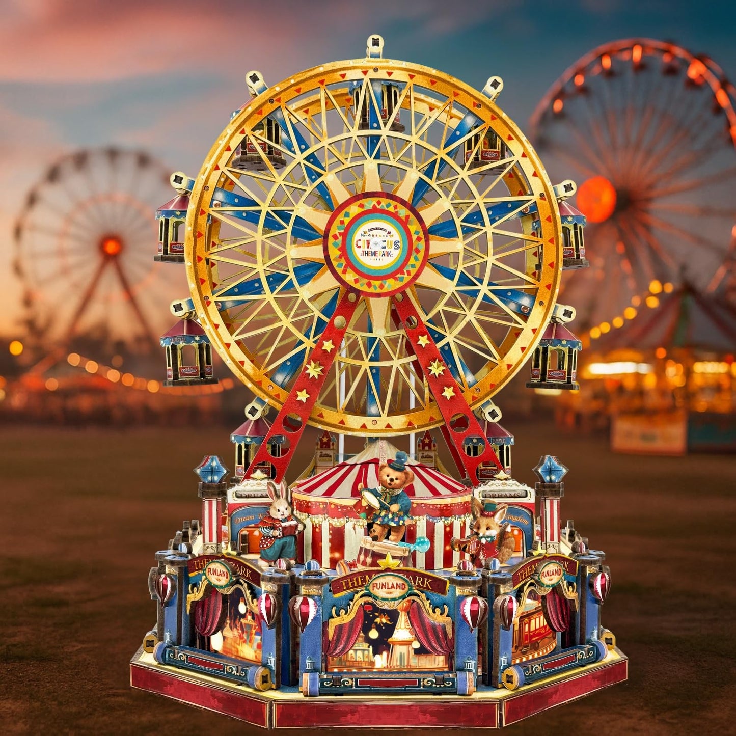 Merrifete Circus Theme Ferris Wheels Music Model Kits, DIY Miniature House Kit w/Light, Dollhouse Mini House Kit, Wood 3D Puzzles Tiny House Book Nook Christmas Halloween Birthday for Adult