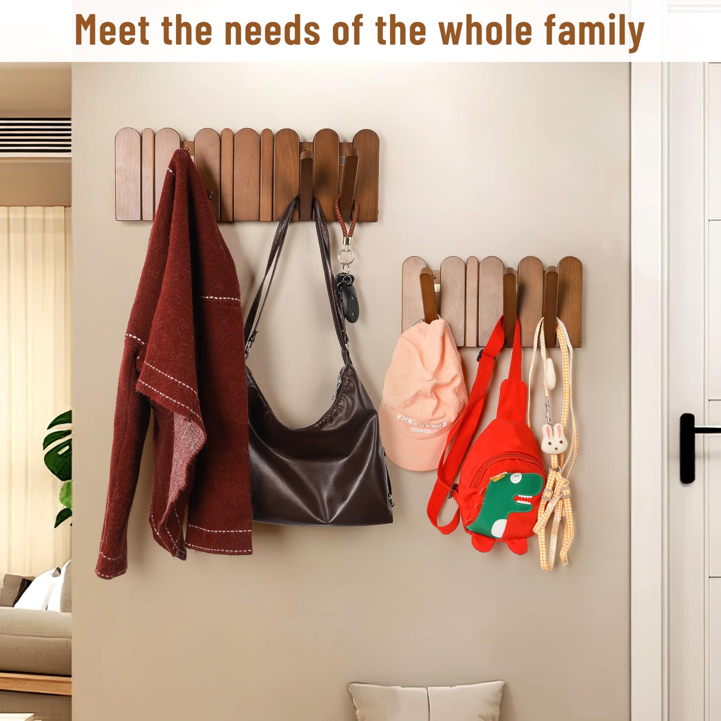 KYIAANY Wall Coat Rack for Entryway: Wooden Modern Heavy Duty 6 Hooks Retractable Wall Mounted for Small Spaces Hallway Bathroom Bedroom for Hanging Jacket Towel Backpack Bag