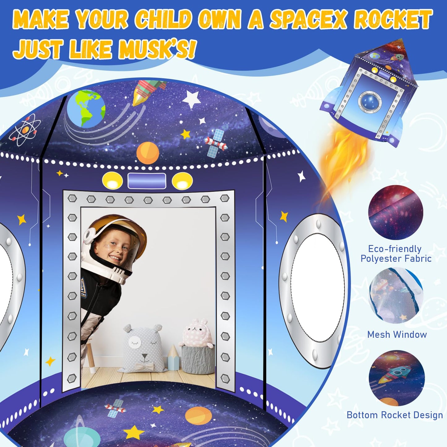 3 in 1 Rocket Ship Play Tent with Tunnel Ball Pit for Kids Space Themed Pop Up Playhouse Indoor Outdoor Astronaut Tent Set Toy Gift for Boys Girls Toddler Baby Child Games Birthday Party