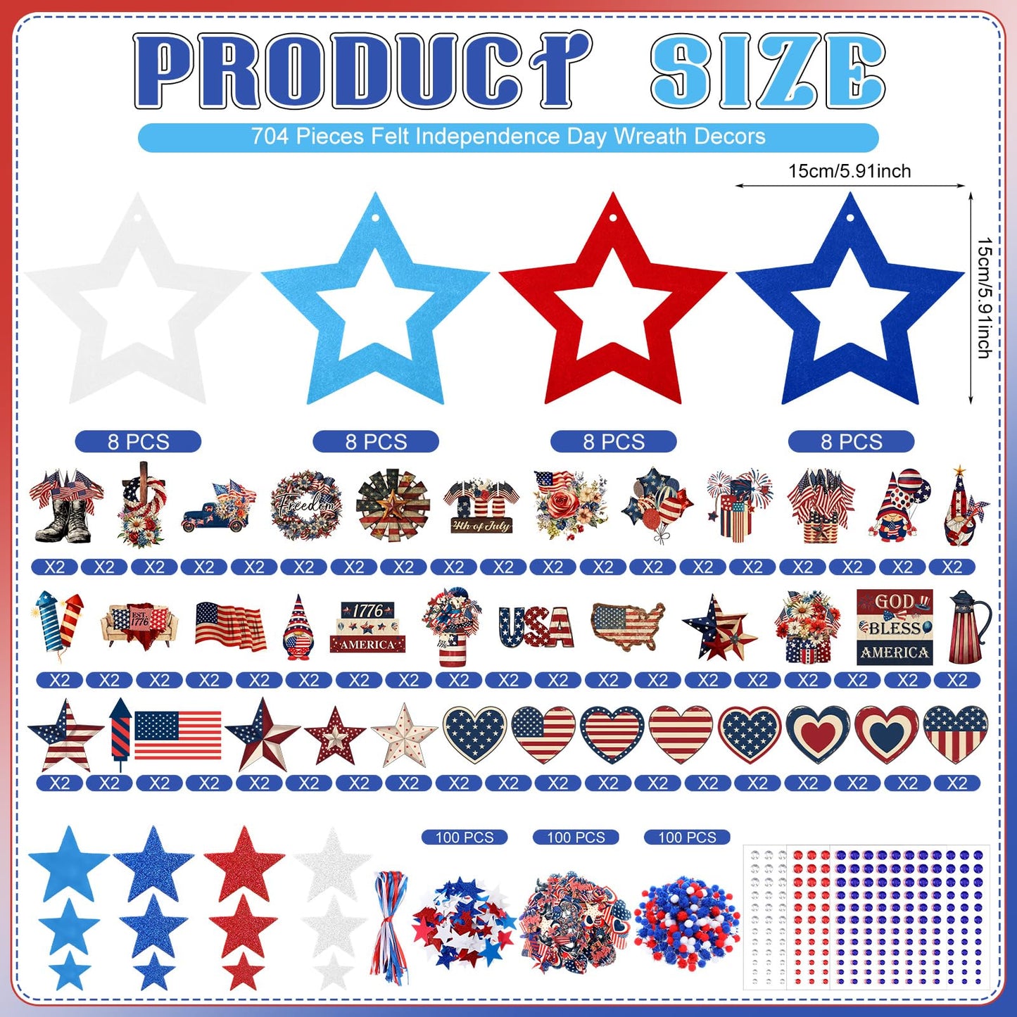 SmoothNovelty 437 Pcs 4th of July Wreath Craft Kit Patriotic DIY Craft Kit Memorial Day Wreath Hanging Ornament with Star Felt Sticker for Red White and Blue 250th Anniversary Party Activities Decor