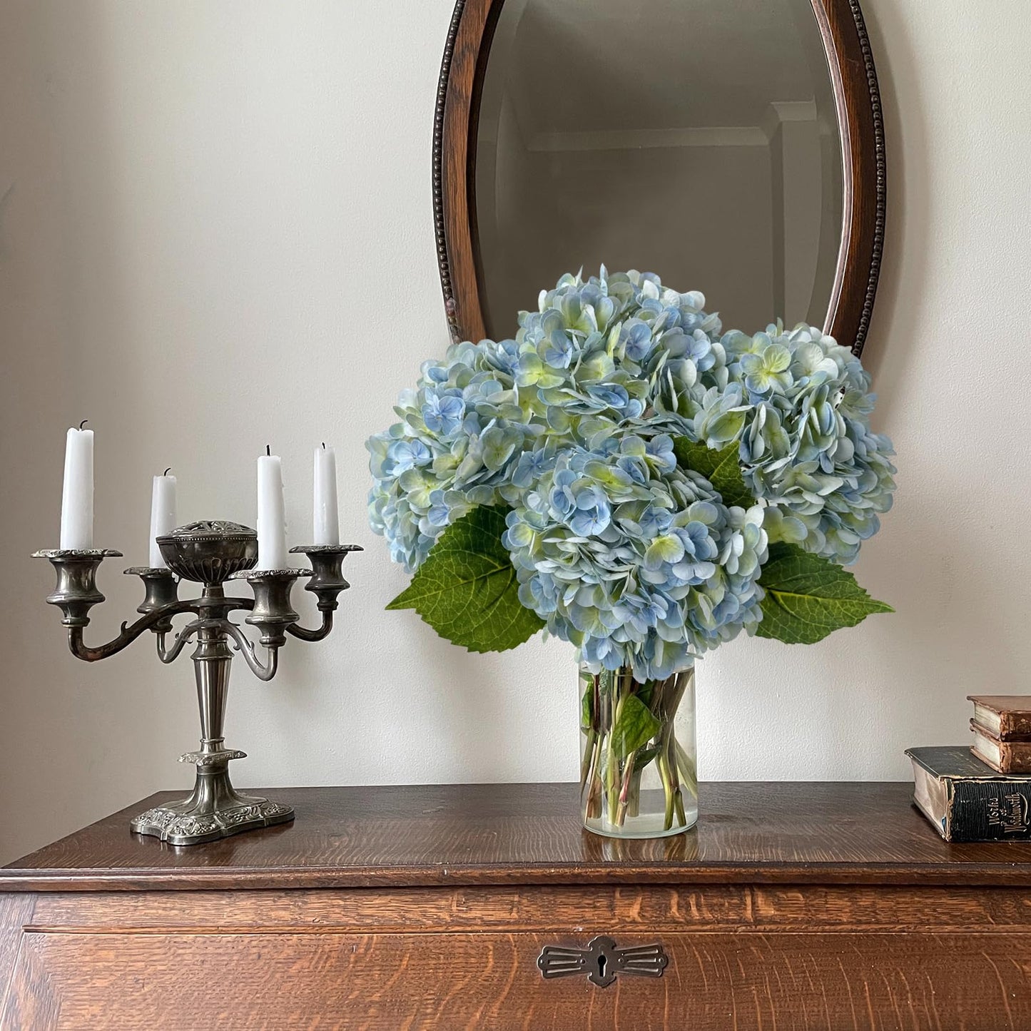 YalzoneMet 4Pcs Light Blue-Green Real Touch Hydrangea Artificial Flowers 21'' Faux Latex Hydrangea Flowers for Wedding Table Centerpieces Fake Flowers for Party Home Kitchen Living Room Decor