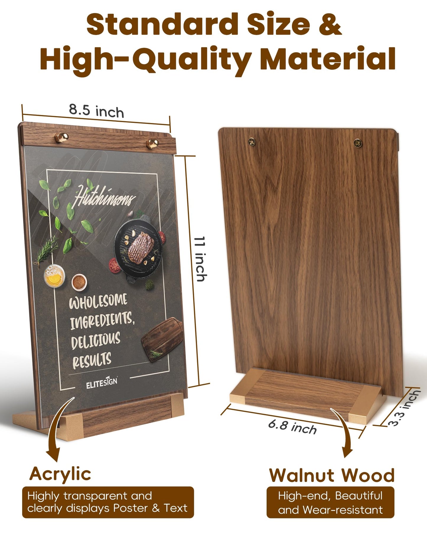 EliteSign Acrylic Sign Holder 8.5 x 11 with Walnut Wood Base, Clear Plastic Commercial Display Stand for Menu, Poster, Flyer, Table Paper Frame for Restaurant, Office, Store, Bar, Wedding (3pk)
