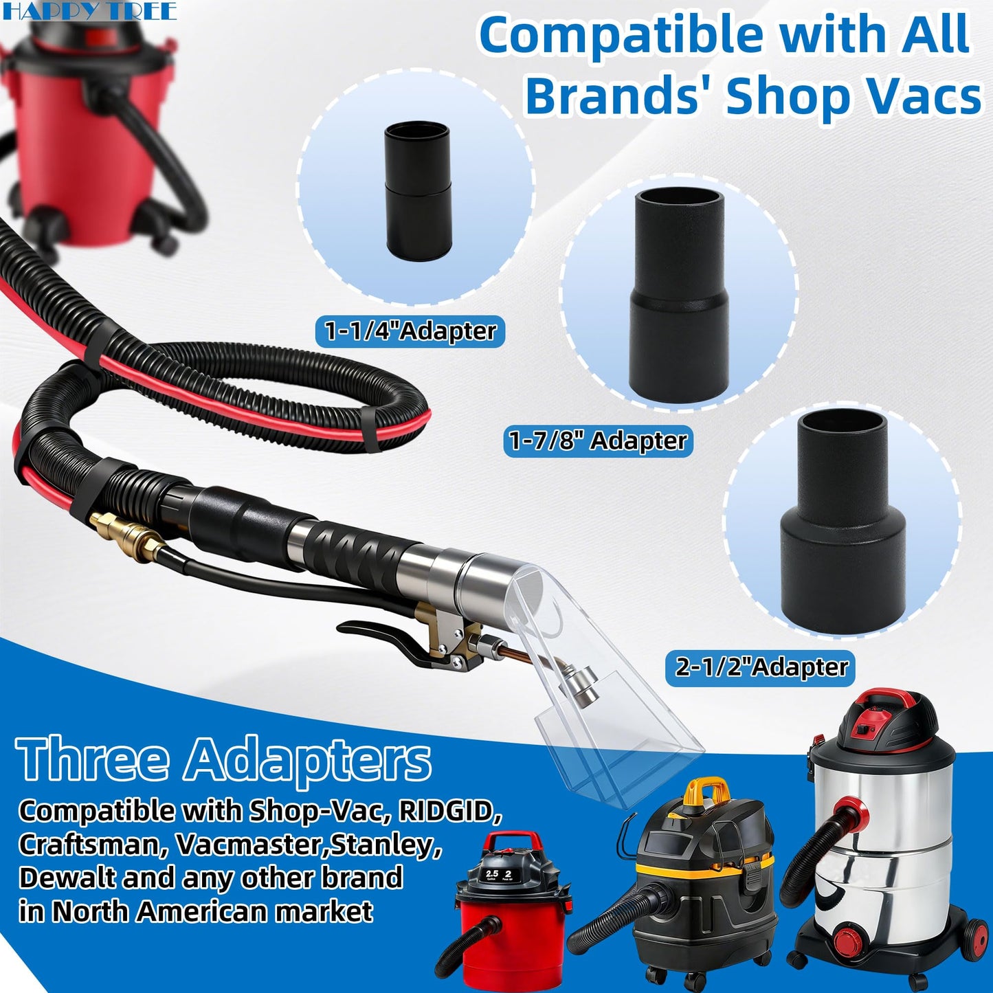 Happy Tree Universal Fit All Brands' Shop Vac Extractor Hose Kit Adapter Wet-dry Extraction Accessory for Upholstery & Carpet Cleaning Auto Detailing Wet Vaccum Accessories with 25 Feet Water Hose