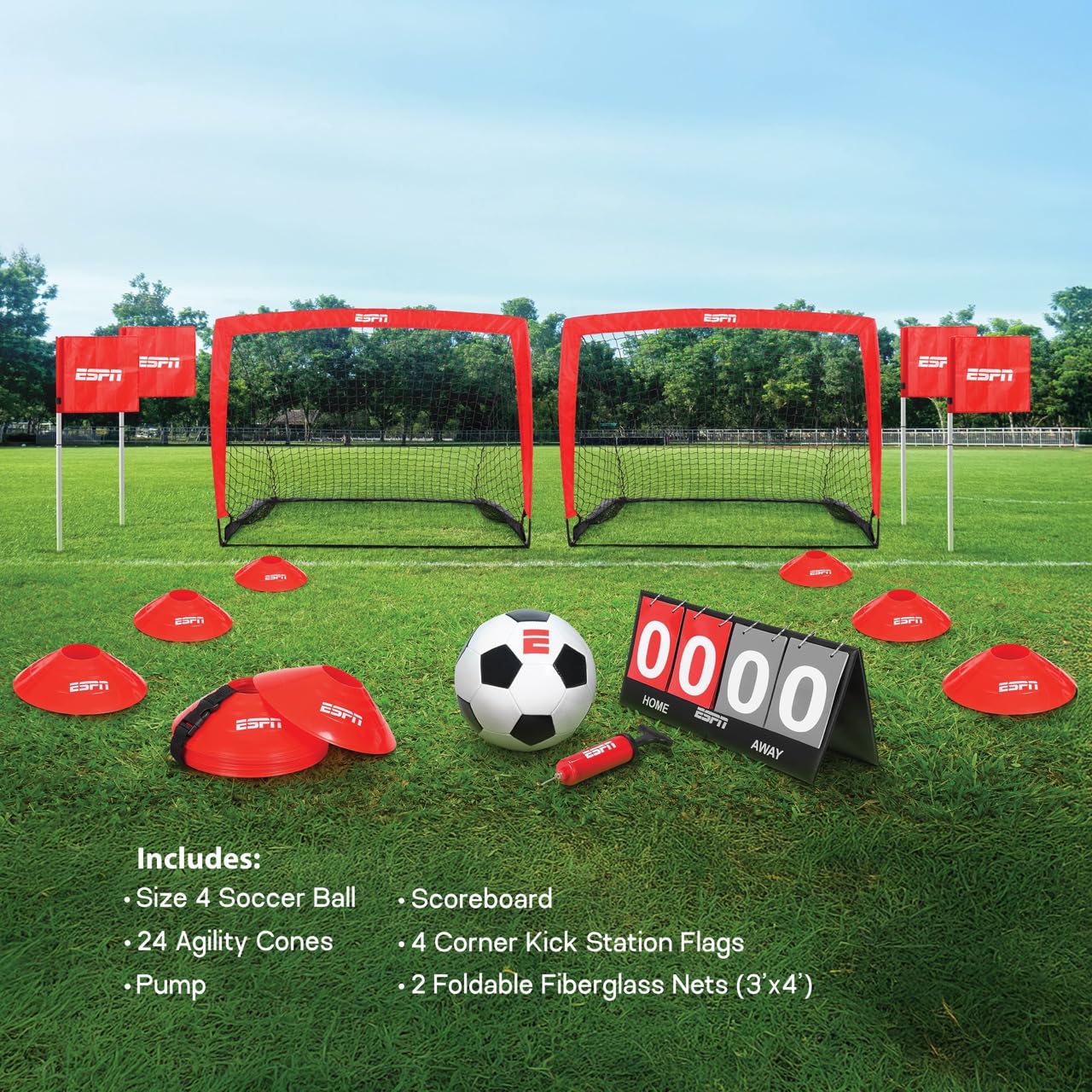ESPN Soccer Stadium Experience for Kids Includes 2 Nets, Ball, and Youth Soccer Training Equipment, Ideal for Outdoor Games (ES-SC620)