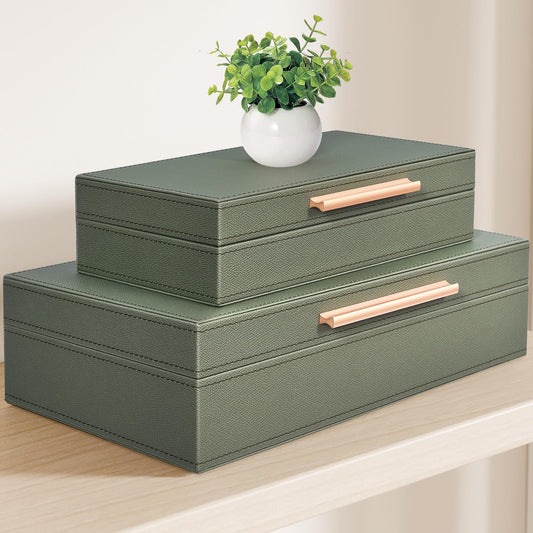 Decorative Box, Decorative Boxes with Lids 2-Set, Memory Box for Keepsakes, Beautiful PU Leather Decorative Storage Boxes in Style, Decor Box with Rose Metal Handle, Store Photos, Documents Green