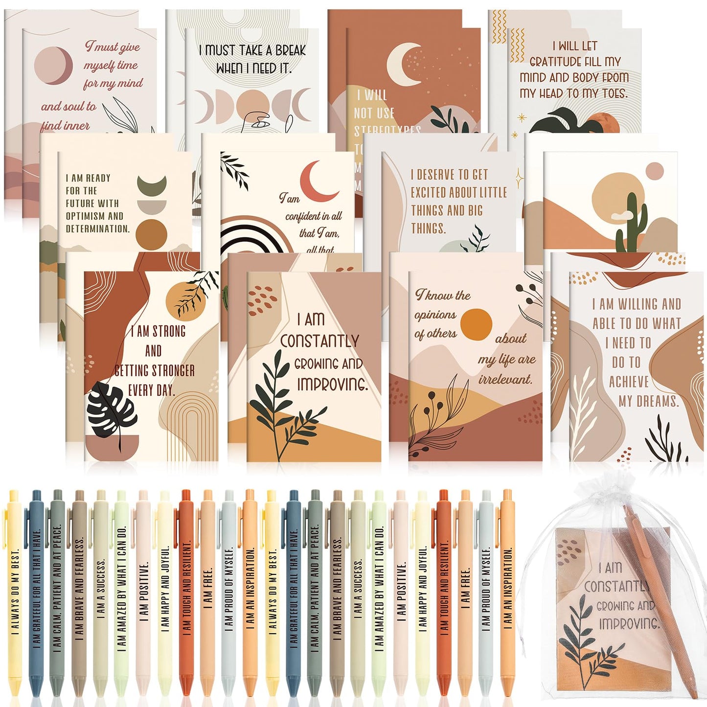 Mooliwe 192 Pcs Positive Affirmation Gift Set Gratitude Notebooks with Pens Small Bags Motivational Encouragement Notepads Daily Affirmations Journal for Women Stress Relief Self Care (Rainbow)