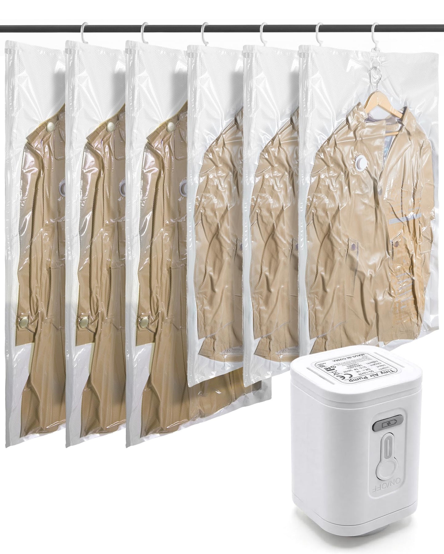 BAGSMART 6 Pack Hanging Vacuum Storage Bags for Clothes, Space Saver Bags for Closet Organization, Air-tight Vacuum Sealer Bags for Heavy Coats, Suits, Dresses, Jackets, Hand Pump Included