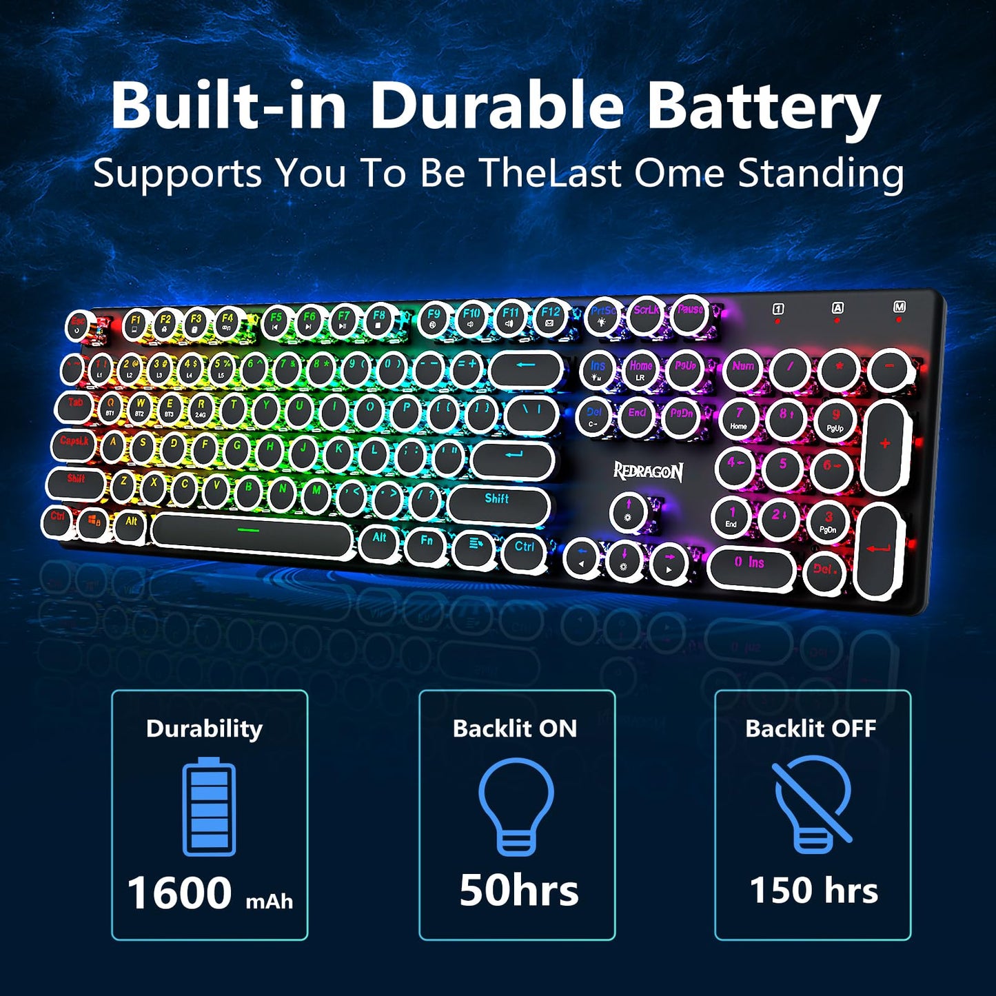 Redragon K710 Wireless Typewriter Style Mechanical Gaming Keyboard, Bluetooth/2.4Ghz/Wired, RGB Backlit, Rechargeable, Blue Switch - Clicky, Metal Panel, Round Keycaps, Black
