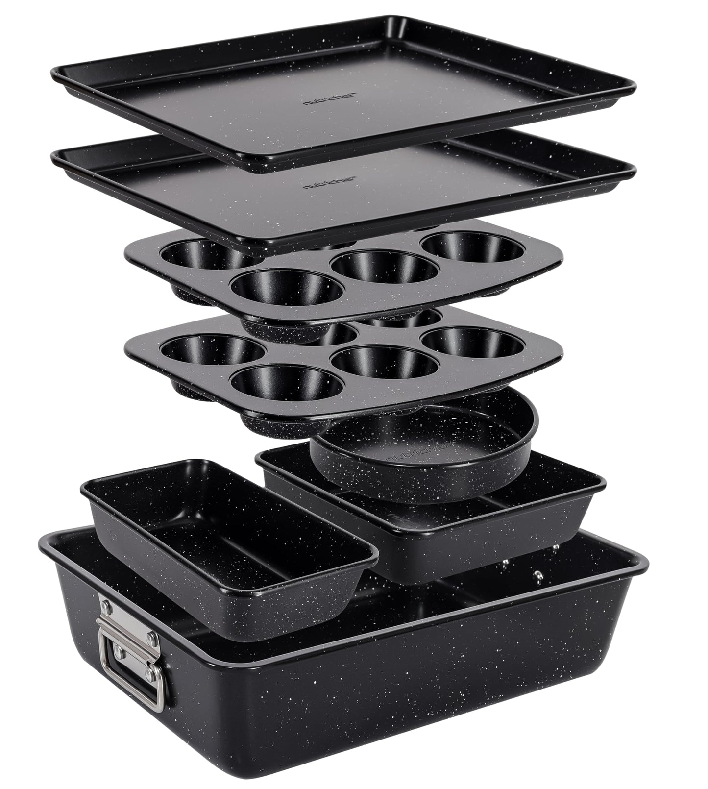 NutriChef 8-Piece Stackable Bakeware Set - Carbon Steel Non-Stick Baking Pan Set, Sheet, Muffin, Round, Loaf, Square Cake & Deep Pans, 450°F Heat Resistant, Standard & Convection Ovens (Black Marble)