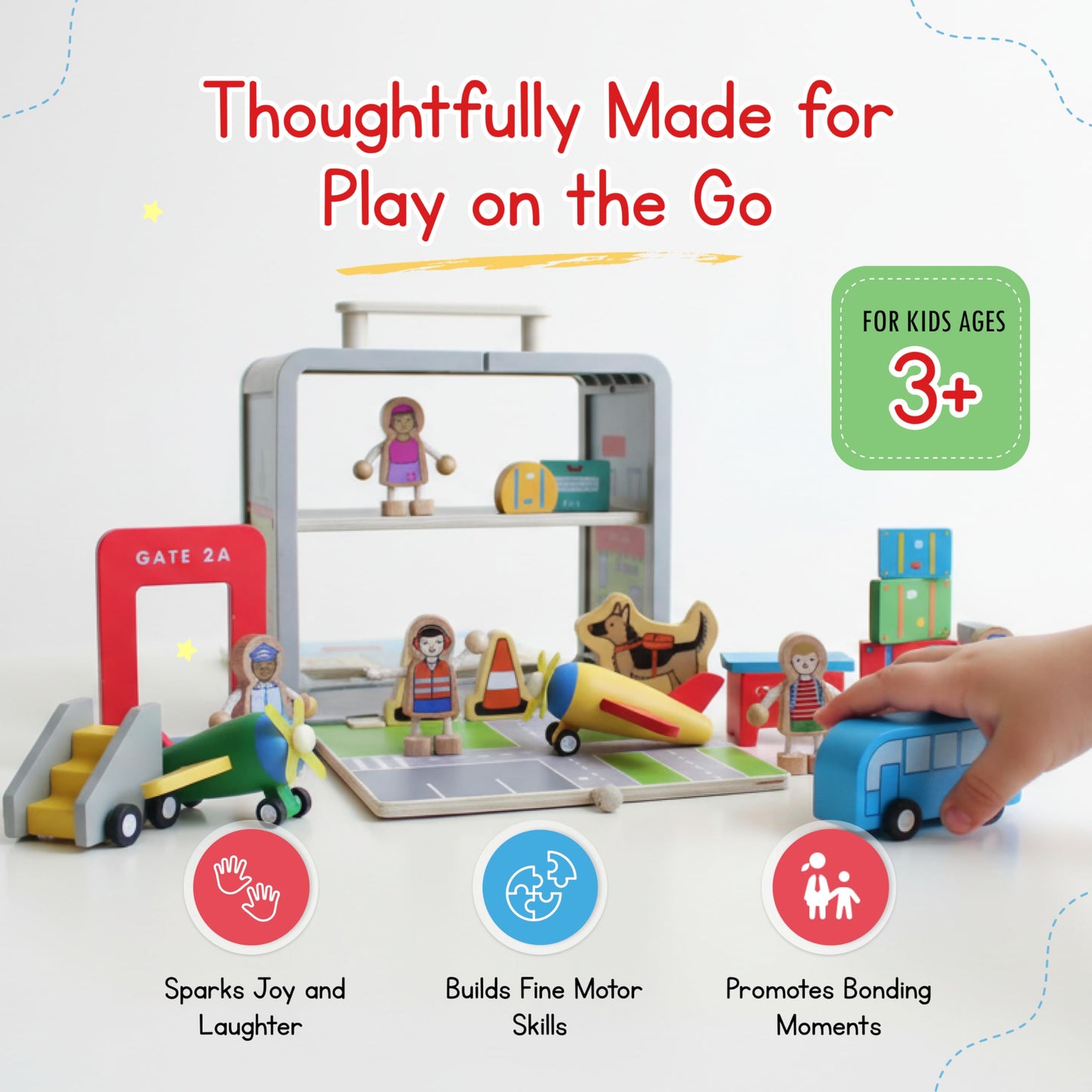 Jack Rabbit Creations Airport Suitcase Playset 19 Eco-Friendly Wooden Figures- Travel Toys- Includes Airplanes, Luggage Cart, Pilot, Flight Attendant, Cones, Gate and Service Dog- Boys and Girls