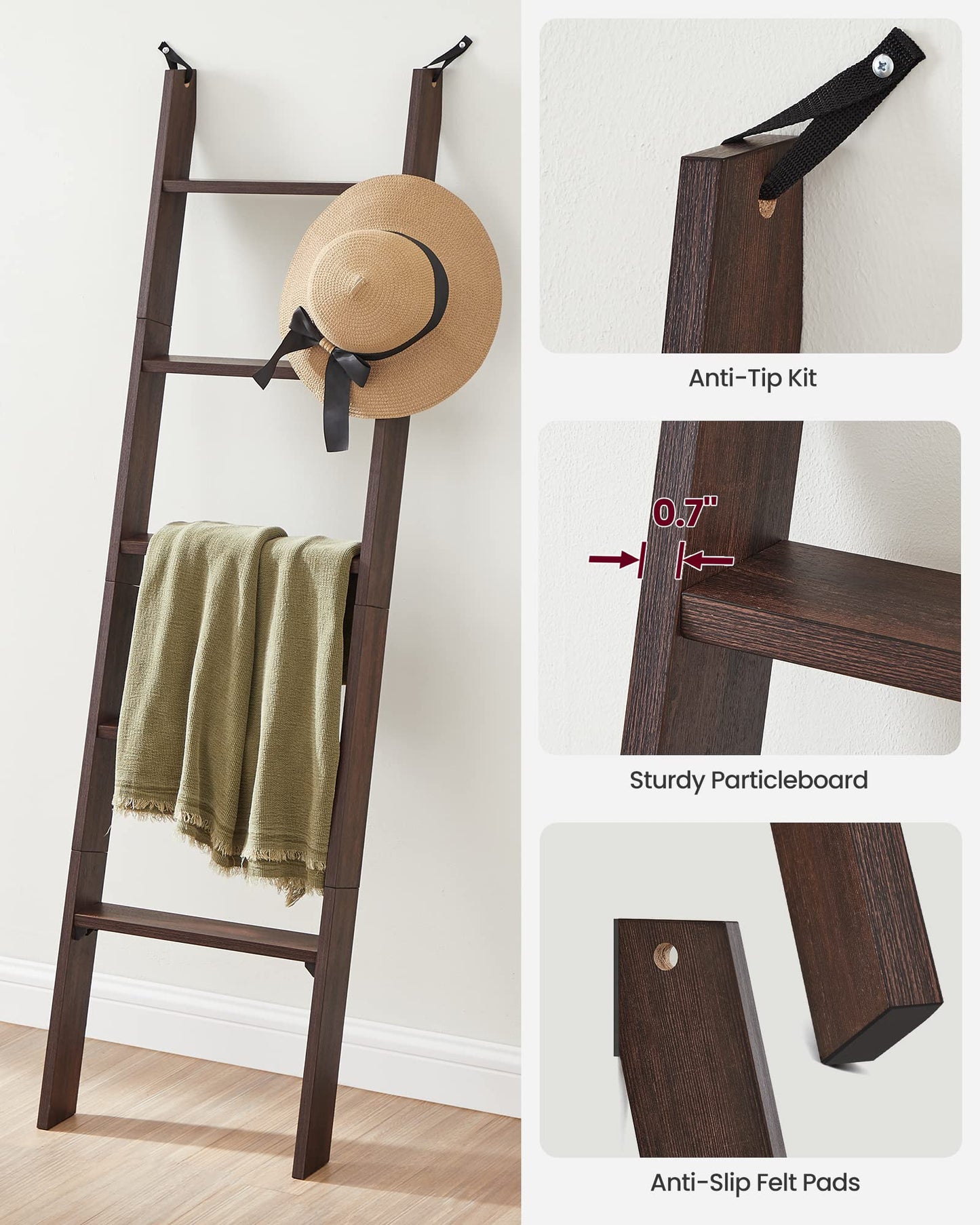 VASAGLE Blanket Ladder Decorative Farmhouse for The Living Room, 5-Tier Ladder Shelf, Ladder Rack for Storage and Decor, Maroon Brown ULLS018T51
