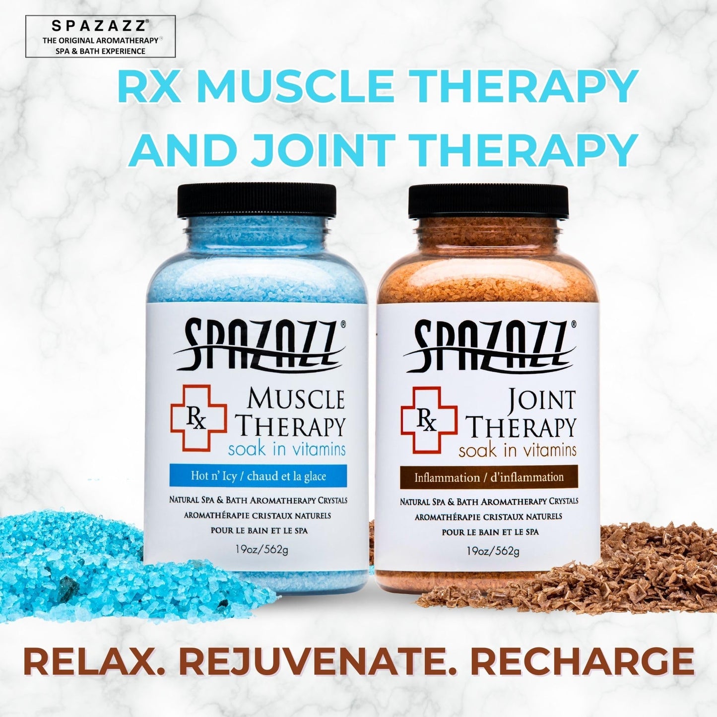 Spazazz Aromatherapy Spa and Bath Salts Crystals RX Therapy Collection 2 Pack Bundle- One 19 Oz Jar Each Spazazz Muscle Therapy and Joint Therapy- Dead Sea Bath Salt Crystals