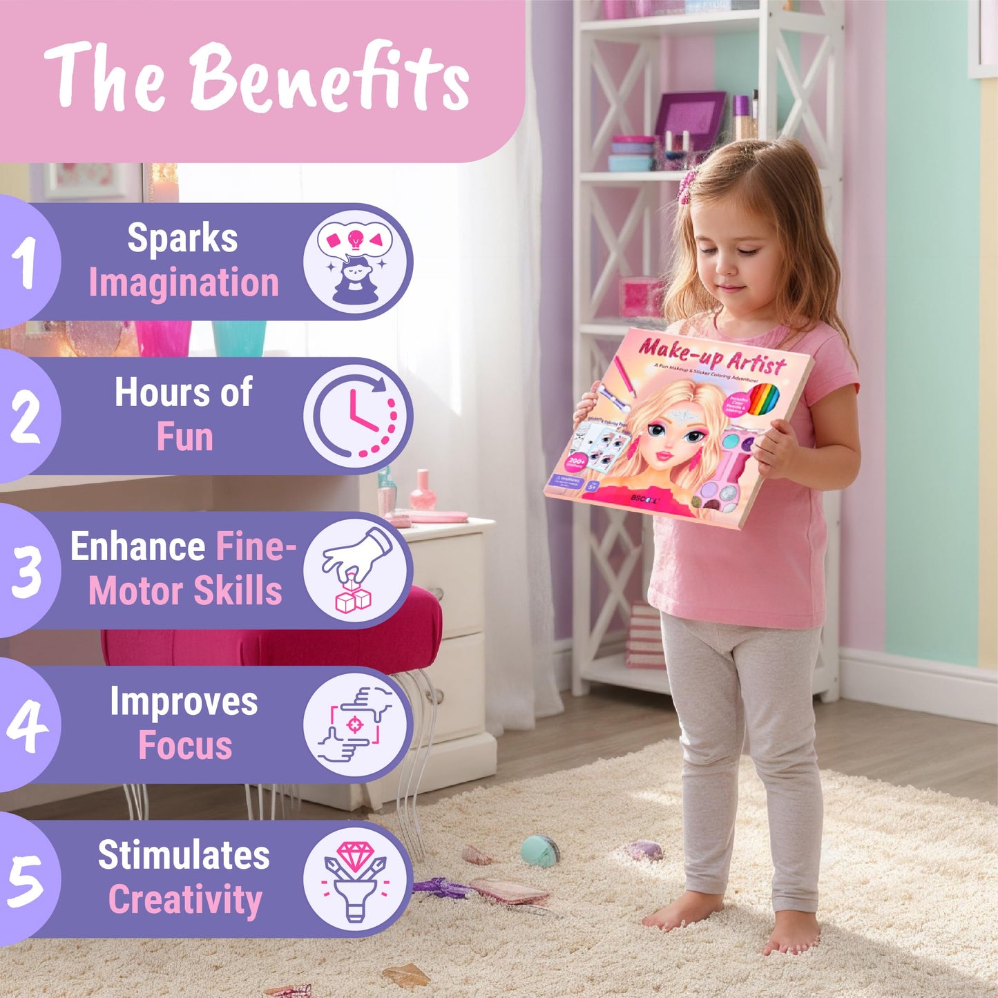BSCOOL Make-up Artist Kit - 2 Sets Pretend Play Makeup & Sticker Coloring Book, Includes Palette, Brushes, Pencils & 200+ Stickers, Girls Beauty Toy Ages 5+