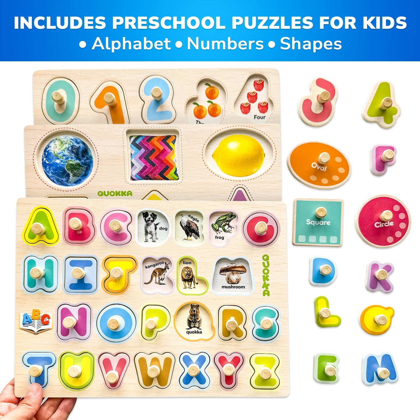 QUOKKA Wooden Puzzles for Toddlers 1-3 - 8XSET Toddler Puzzles Ages 2-4 with Rack - Learning Alphabet, Numbers and Animals Toy Puzzles for Toddlers 3-5 - Wood Games Gift for Boys and Girls
