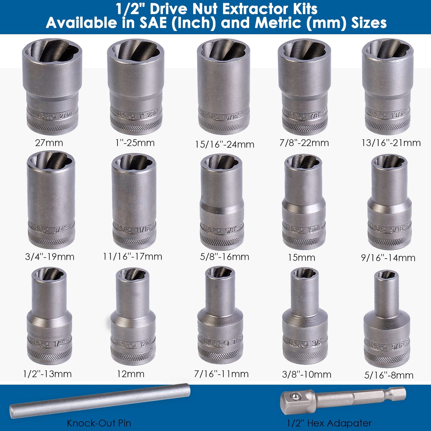 Thinkpro Bolt Extractor Set,17 Piece Wheel Lock Removal Kit,Lug Nut Extractor Set 1/2 Inch Drive,Lug Nut Remover for Removing Damaged, Frozen, Rusted, Rounded-Off Bolts, Nuts & Screws