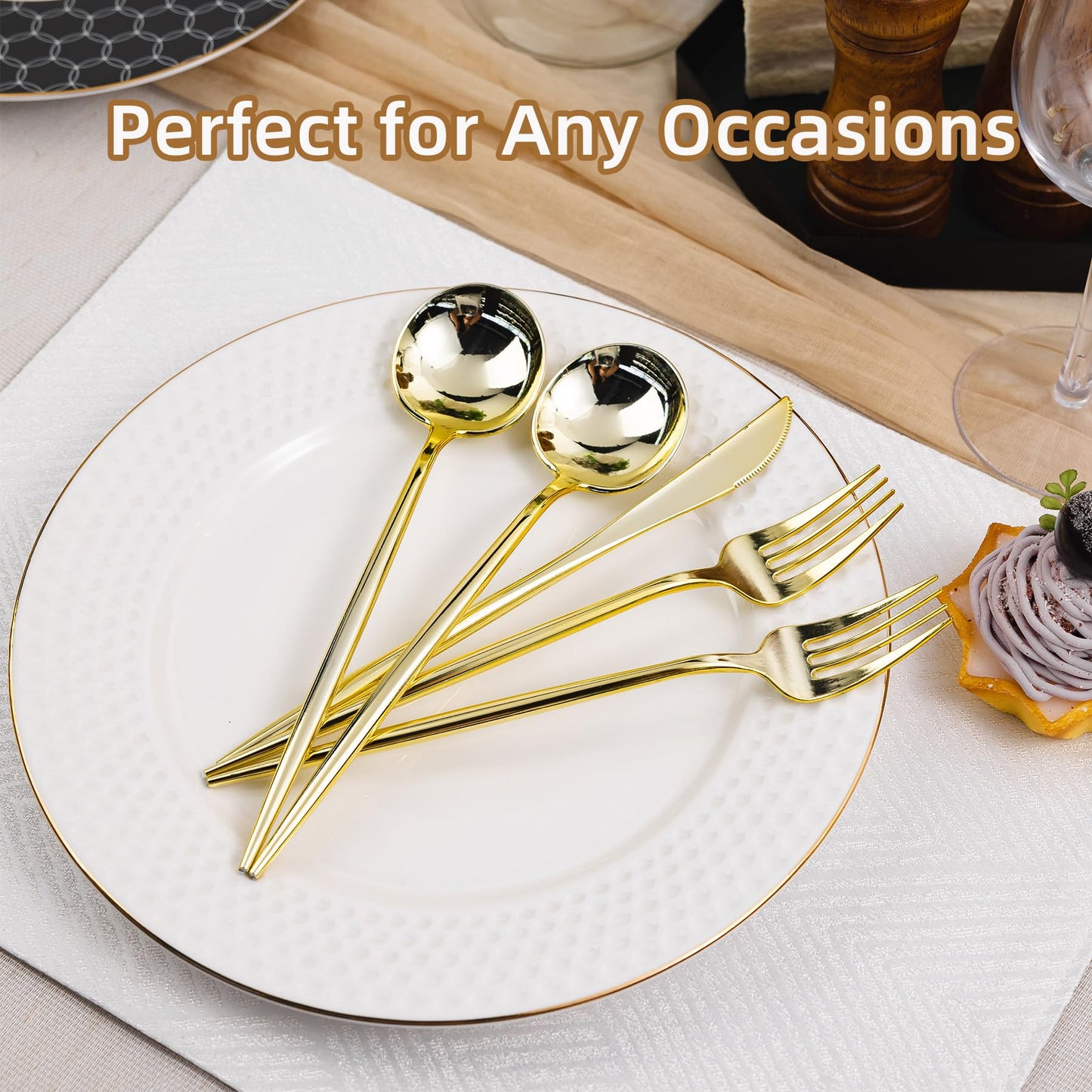 LULLABY 300PCS Gold Plastic Silverware, Heavy Duty Disposable Utensils, Gold Plastic Cutlery Set Include 100 Forks, 100 Spoons, 100 Knives, Perfect Flatware for Party Wedding and Daily Use