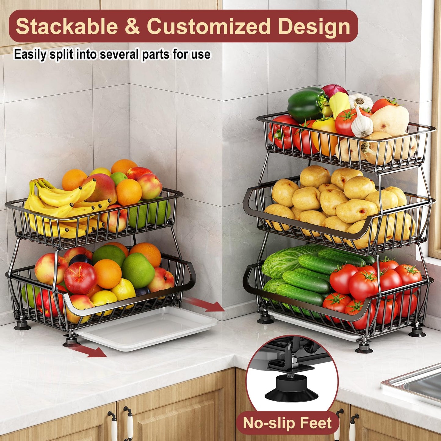 Miyawell 3-Tier Rolling Pantry Cart with Wheels, Stackable Wire Storage Floor Organizer for Kitchen Pantry Snack Shelves, Fruit Basket Stand, Vegetable Storage Rack for Food Snacks Onion Potato