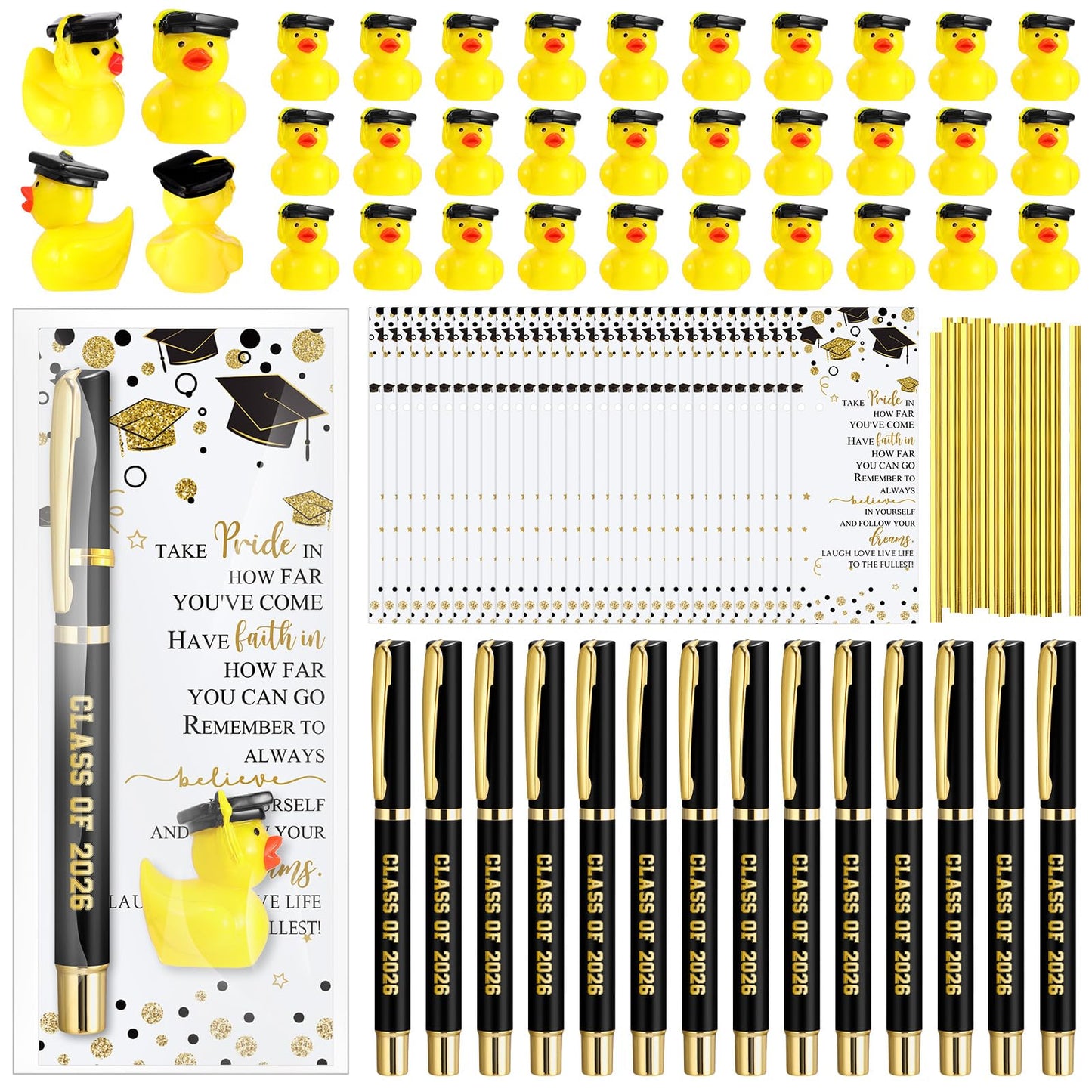 Sayglossy 30 Sets Graduation Gifts Bulk Class of 2026 Gel Ink Pen Mini Card Cap Yellow Resin Duck Graduation Party Favors End of Year Gift(Black)